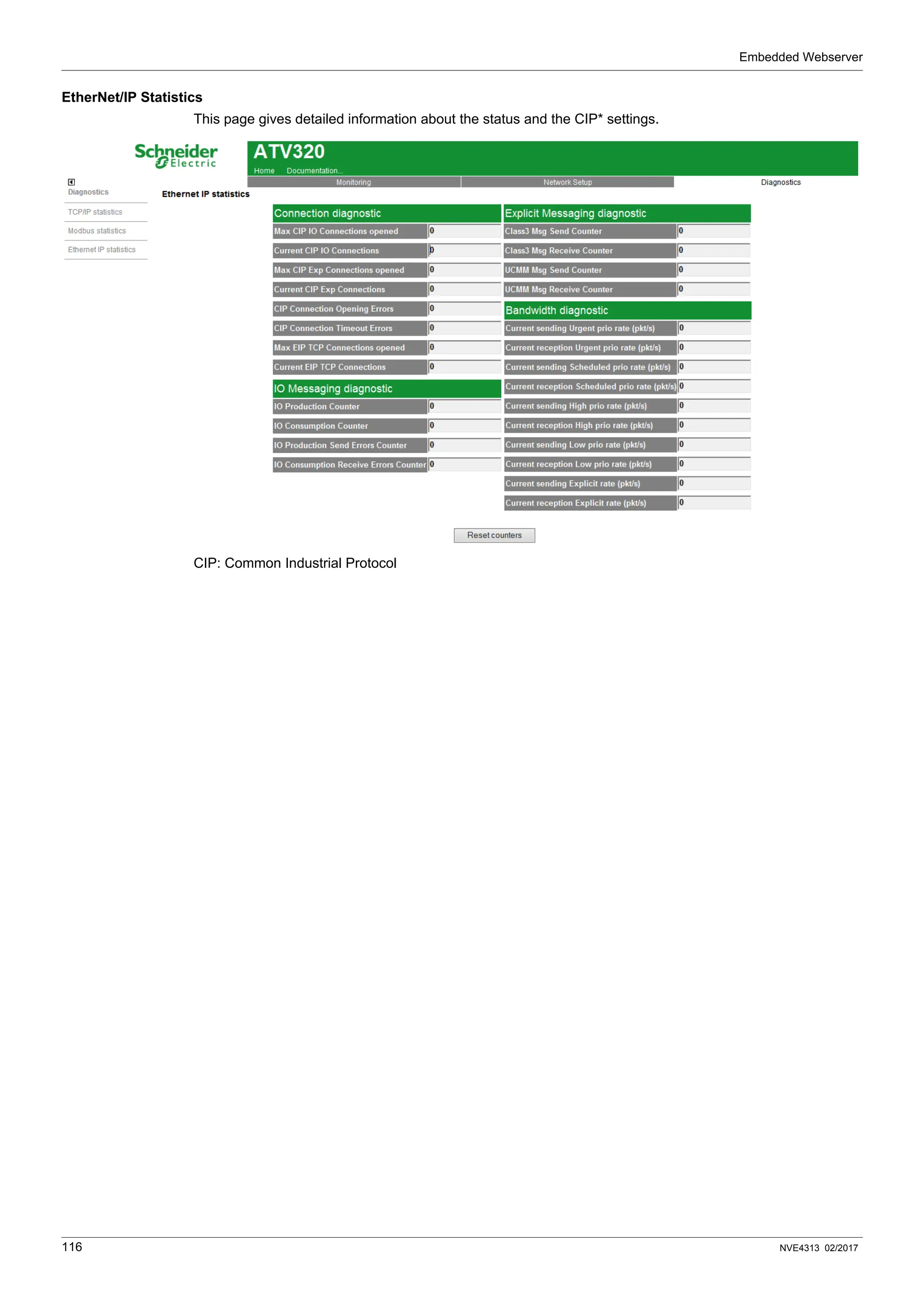 Embedded Webserver
116 NVE4313 02/2017
EtherNet/IP Statistics
This page gives detailed information about the status and the CIP* settings.
CIP: Common Industrial Protocol
 
