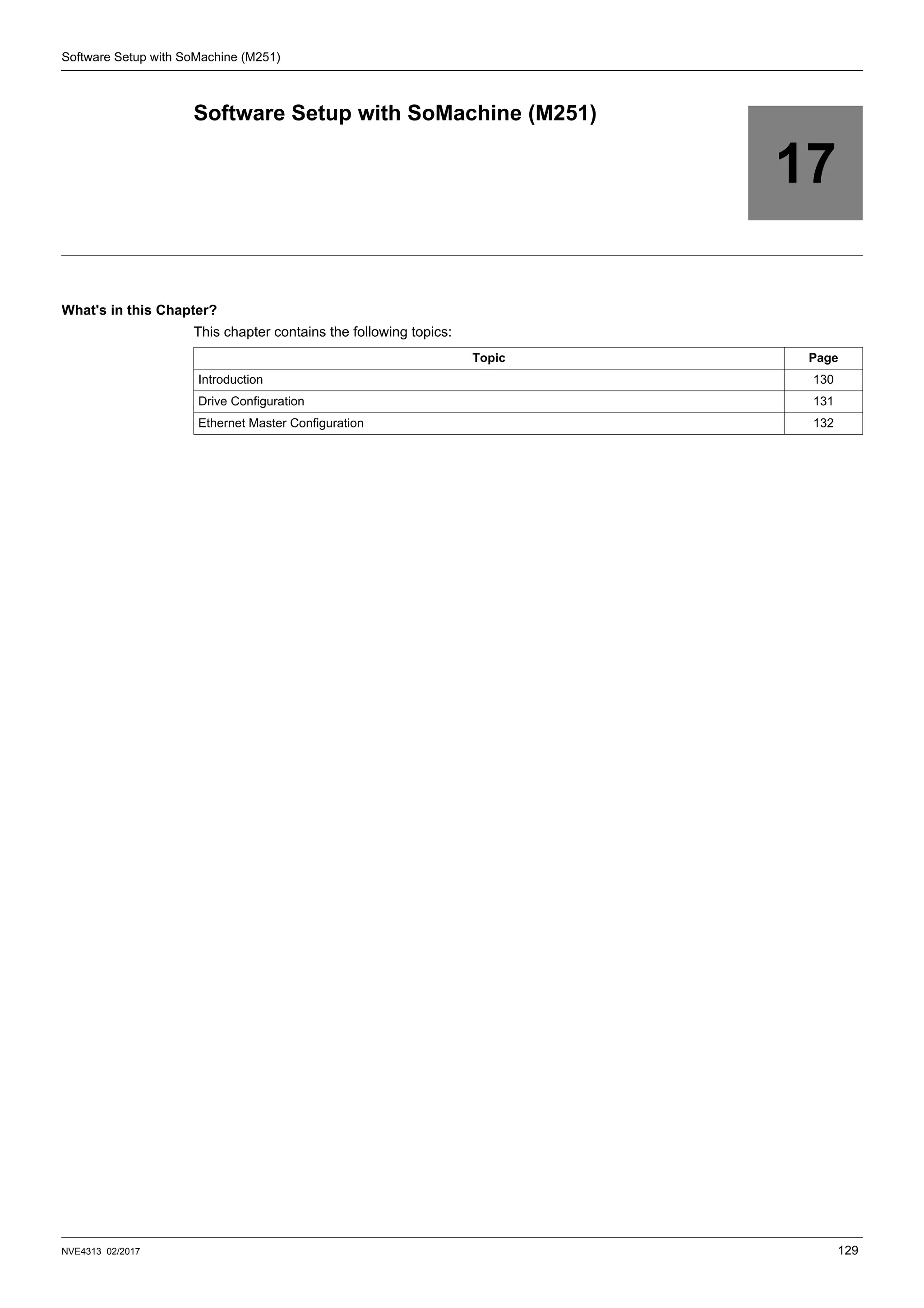 NVE4313 02/2017 129
Software Setup with SoMachine (M251)
17
Software Setup with SoMachine (M251)
What's in this Chapter?
This chapter contains the following topics:
Topic Page
Introduction 130
Drive Configuration 131
Ethernet Master Configuration 132
 