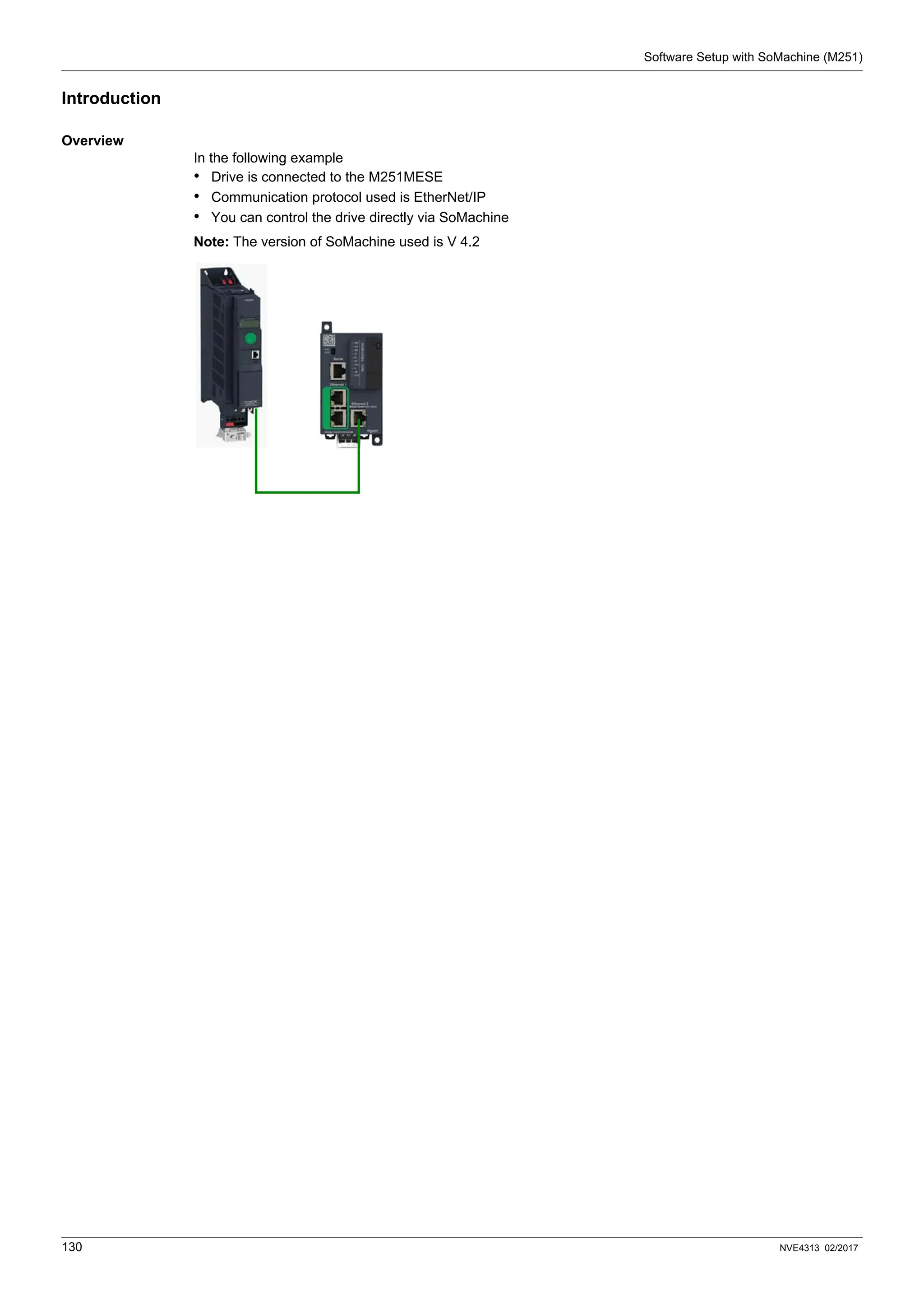 Software Setup with SoMachine (M251)
130 NVE4313 02/2017
Introduction
Overview
In the following example
• Drive is connected to the M251MESE
• Communication protocol used is EtherNet/IP
• You can control the drive directly via SoMachine
Note: The version of SoMachine used is V 4.2
 