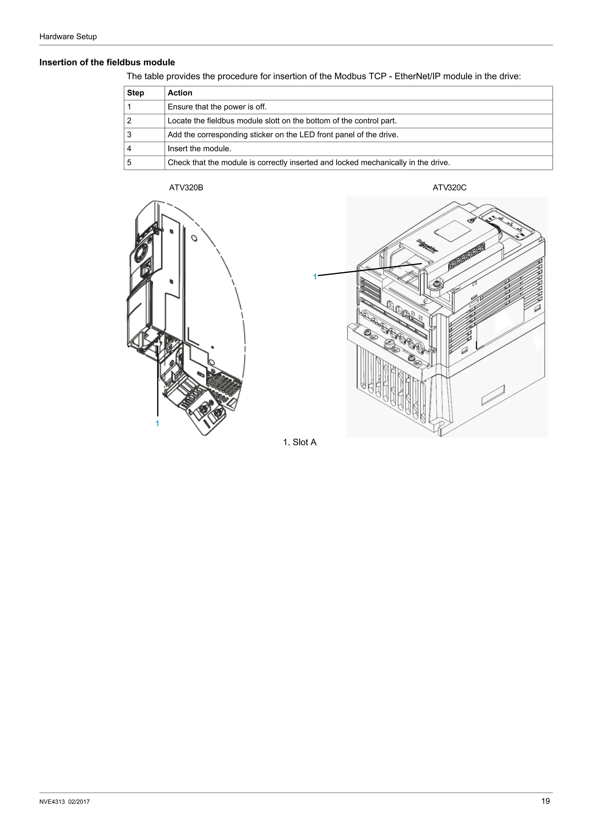 Hardware Setup
NVE4313 02/2017 19
Insertion of the fieldbus module
The table provides the procedure for insertion of the Modbus TCP - EtherNet/IP module in the drive:
Step Action
1 Ensure that the power is off.
2 Locate the fieldbus module slott on the bottom of the control part.
3 Add the corresponding sticker on the LED front panel of the drive.
4 Insert the module.
5 Check that the module is correctly inserted and locked mechanically in the drive.
1. Slot A
1
1
ATV320B ATV320C
 