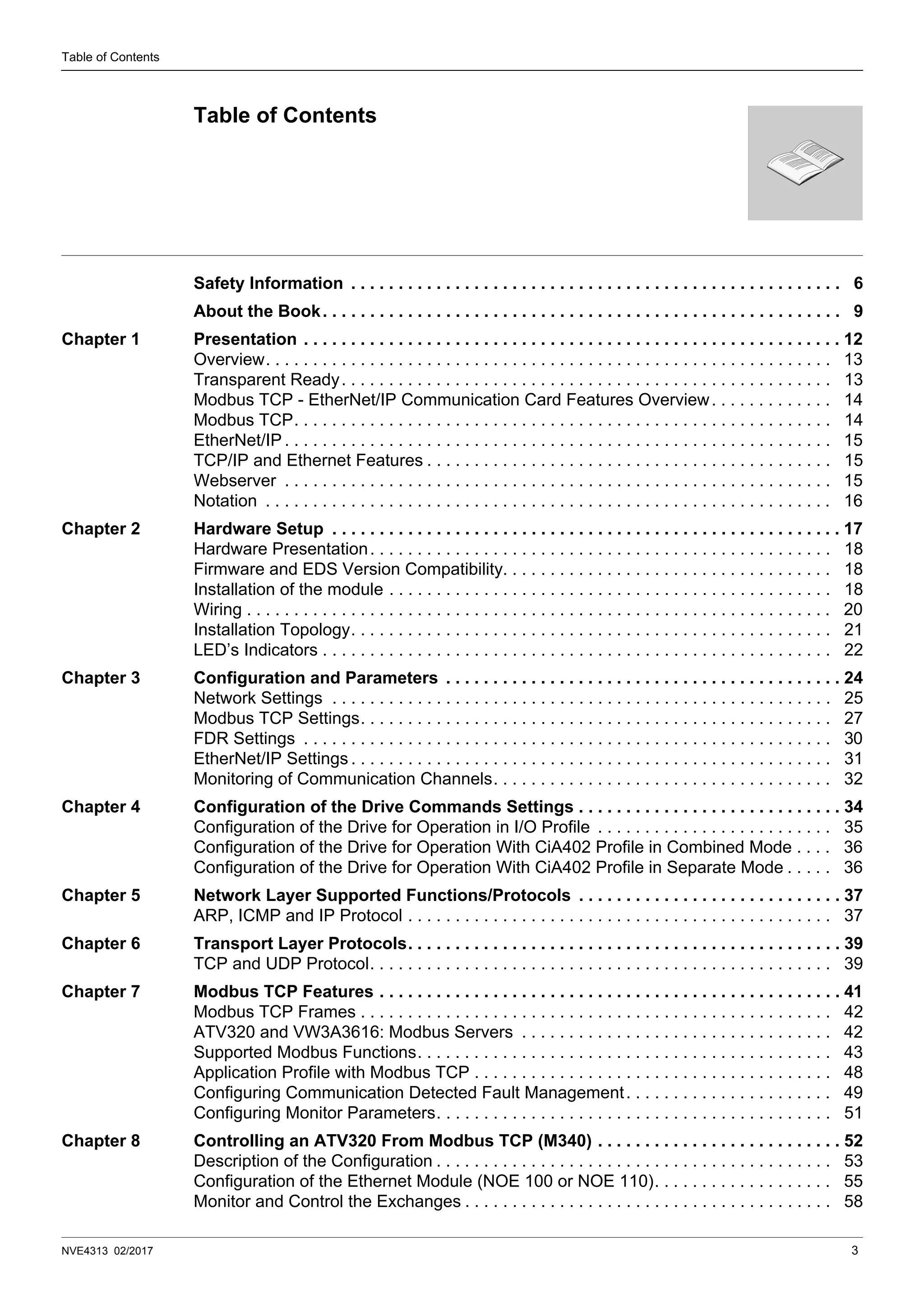 NVE4313 02/2017 3
Table of Contents
Safety Information . . . . . . . . . . . . . . . . . . . . . . . . . . . . . . . . . . . . . . . . . . . . . . . . . . . . 6
About the Book. . . . . . . . . . . . . . . . . . . . . . . . . . . . . . . . . . . . . . . . . . . . . . . . . . . . . . . 9
Chapter 1 Presentation . . . . . . . . . . . . . . . . . . . . . . . . . . . . . . . . . . . . . . . . . . . . . . . . . . . . . . . . . 12
Overview. . . . . . . . . . . . . . . . . . . . . . . . . . . . . . . . . . . . . . . . . . . . . . . . . . . . . . . . . . . . 13
Transparent Ready. . . . . . . . . . . . . . . . . . . . . . . . . . . . . . . . . . . . . . . . . . . . . . . . . . . . 13
Modbus TCP - EtherNet/IP Communication Card Features Overview. . . . . . . . . . . . . 14
Modbus TCP. . . . . . . . . . . . . . . . . . . . . . . . . . . . . . . . . . . . . . . . . . . . . . . . . . . . . . . . . 14
EtherNet/IP . . . . . . . . . . . . . . . . . . . . . . . . . . . . . . . . . . . . . . . . . . . . . . . . . . . . . . . . . . 15
TCP/IP and Ethernet Features . . . . . . . . . . . . . . . . . . . . . . . . . . . . . . . . . . . . . . . . . . . 15
Webserver . . . . . . . . . . . . . . . . . . . . . . . . . . . . . . . . . . . . . . . . . . . . . . . . . . . . . . . . . . 15
Notation . . . . . . . . . . . . . . . . . . . . . . . . . . . . . . . . . . . . . . . . . . . . . . . . . . . . . . . . . . . . 16
Chapter 2 Hardware Setup . . . . . . . . . . . . . . . . . . . . . . . . . . . . . . . . . . . . . . . . . . . . . . . . . . . . . . 17
Hardware Presentation. . . . . . . . . . . . . . . . . . . . . . . . . . . . . . . . . . . . . . . . . . . . . . . . . 18
Firmware and EDS Version Compatibility. . . . . . . . . . . . . . . . . . . . . . . . . . . . . . . . . . . 18
Installation of the module . . . . . . . . . . . . . . . . . . . . . . . . . . . . . . . . . . . . . . . . . . . . . . . 18
Wiring . . . . . . . . . . . . . . . . . . . . . . . . . . . . . . . . . . . . . . . . . . . . . . . . . . . . . . . . . . . . . . 20
Installation Topology. . . . . . . . . . . . . . . . . . . . . . . . . . . . . . . . . . . . . . . . . . . . . . . . . . . 21
LED’s Indicators . . . . . . . . . . . . . . . . . . . . . . . . . . . . . . . . . . . . . . . . . . . . . . . . . . . . . . 22
Chapter 3 Configuration and Parameters . . . . . . . . . . . . . . . . . . . . . . . . . . . . . . . . . . . . . . . . . . 24
Network Settings . . . . . . . . . . . . . . . . . . . . . . . . . . . . . . . . . . . . . . . . . . . . . . . . . . . . . 25
Modbus TCP Settings. . . . . . . . . . . . . . . . . . . . . . . . . . . . . . . . . . . . . . . . . . . . . . . . . . 27
FDR Settings . . . . . . . . . . . . . . . . . . . . . . . . . . . . . . . . . . . . . . . . . . . . . . . . . . . . . . . . 30
EtherNet/IP Settings . . . . . . . . . . . . . . . . . . . . . . . . . . . . . . . . . . . . . . . . . . . . . . . . . . . 31
Monitoring of Communication Channels. . . . . . . . . . . . . . . . . . . . . . . . . . . . . . . . . . . . 32
Chapter 4 Configuration of the Drive Commands Settings . . . . . . . . . . . . . . . . . . . . . . . . . . . . 34
Configuration of the Drive for Operation in I/O Profile . . . . . . . . . . . . . . . . . . . . . . . . . 35
Configuration of the Drive for Operation With CiA402 Profile in Combined Mode . . . . 36
Configuration of the Drive for Operation With CiA402 Profile in Separate Mode . . . . . 36
Chapter 5 Network Layer Supported Functions/Protocols . . . . . . . . . . . . . . . . . . . . . . . . . . . . 37
ARP, ICMP and IP Protocol . . . . . . . . . . . . . . . . . . . . . . . . . . . . . . . . . . . . . . . . . . . . . 37
Chapter 6 Transport Layer Protocols. . . . . . . . . . . . . . . . . . . . . . . . . . . . . . . . . . . . . . . . . . . . . . 39
TCP and UDP Protocol. . . . . . . . . . . . . . . . . . . . . . . . . . . . . . . . . . . . . . . . . . . . . . . . . 39
Chapter 7 Modbus TCP Features . . . . . . . . . . . . . . . . . . . . . . . . . . . . . . . . . . . . . . . . . . . . . . . . . 41
Modbus TCP Frames . . . . . . . . . . . . . . . . . . . . . . . . . . . . . . . . . . . . . . . . . . . . . . . . . . 42
ATV320 and VW3A3616: Modbus Servers . . . . . . . . . . . . . . . . . . . . . . . . . . . . . . . . . 42
Supported Modbus Functions. . . . . . . . . . . . . . . . . . . . . . . . . . . . . . . . . . . . . . . . . . . . 43
Application Profile with Modbus TCP . . . . . . . . . . . . . . . . . . . . . . . . . . . . . . . . . . . . . . 48
Configuring Communication Detected Fault Management. . . . . . . . . . . . . . . . . . . . . . 49
Configuring Monitor Parameters. . . . . . . . . . . . . . . . . . . . . . . . . . . . . . . . . . . . . . . . . . 51
Chapter 8 Controlling an ATV320 From Modbus TCP (M340) . . . . . . . . . . . . . . . . . . . . . . . . . . 52
Description of the Configuration . . . . . . . . . . . . . . . . . . . . . . . . . . . . . . . . . . . . . . . . . . 53
Configuration of the Ethernet Module (NOE 100 or NOE 110). . . . . . . . . . . . . . . . . . . 55
Monitor and Control the Exchanges . . . . . . . . . . . . . . . . . . . . . . . . . . . . . . . . . . . . . . . 58
Table of Contents
 