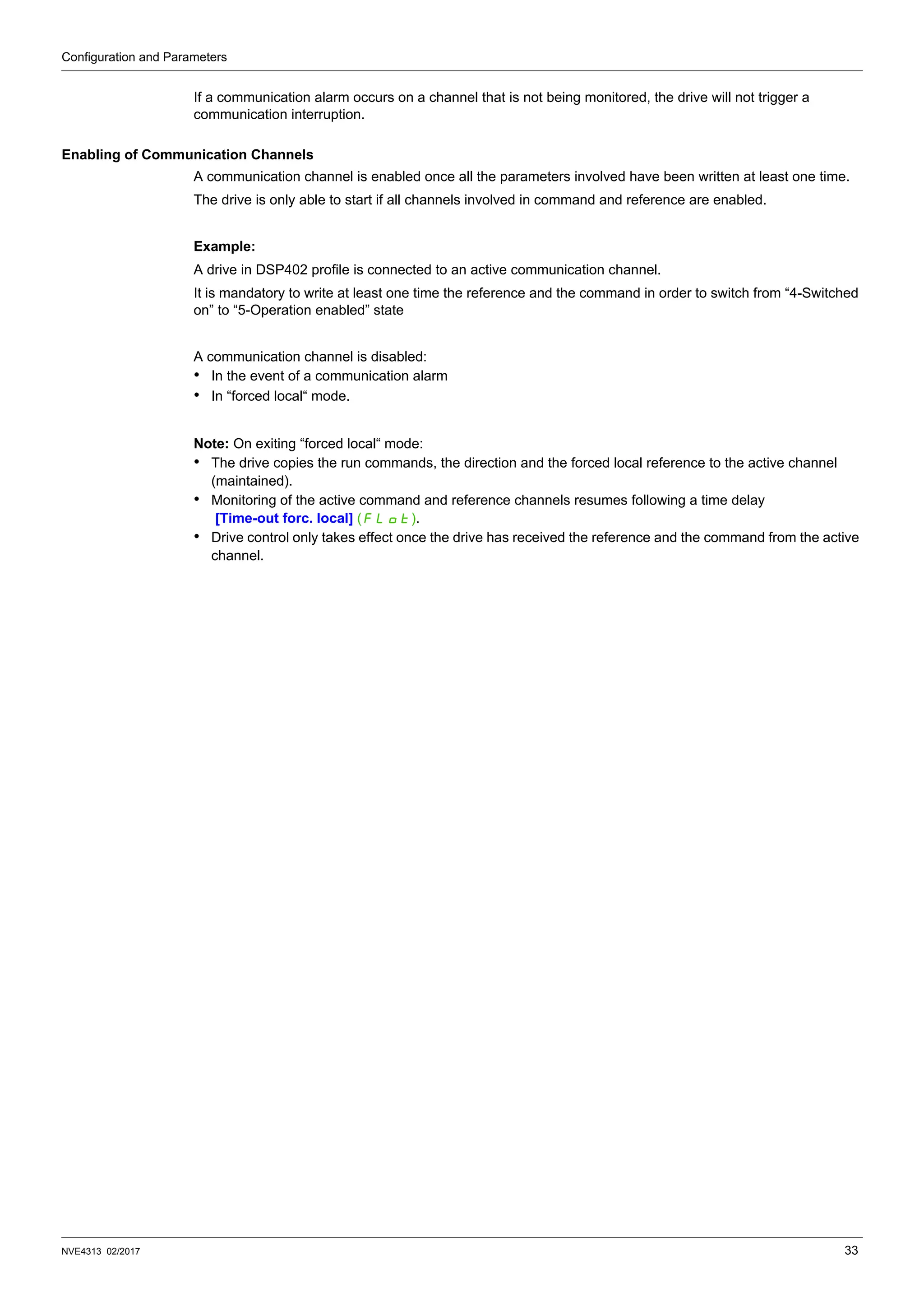 Configuration and Parameters
NVE4313 02/2017 33
If a communication alarm occurs on a channel that is not being monitored, the drive will not trigger a
communication interruption.
Enabling of Communication Channels
A communication channel is enabled once all the parameters involved have been written at least one time.
The drive is only able to start if all channels involved in command and reference are enabled.
Example:
A drive in DSP402 profile is connected to an active communication channel.
It is mandatory to write at least one time the reference and the command in order to switch from “4-Switched
on” to “5-Operation enabled” state
A communication channel is disabled:
• In the event of a communication alarm
• In “forced local“ mode.
Note: On exiting “forced local“ mode:
• The drive copies the run commands, the direction and the forced local reference to the active channel
(maintained).
• Monitoring of the active command and reference channels resumes following a time delay
[Time-out forc. local] (FLOt).
• Drive control only takes effect once the drive has received the reference and the command from the active
channel.
 