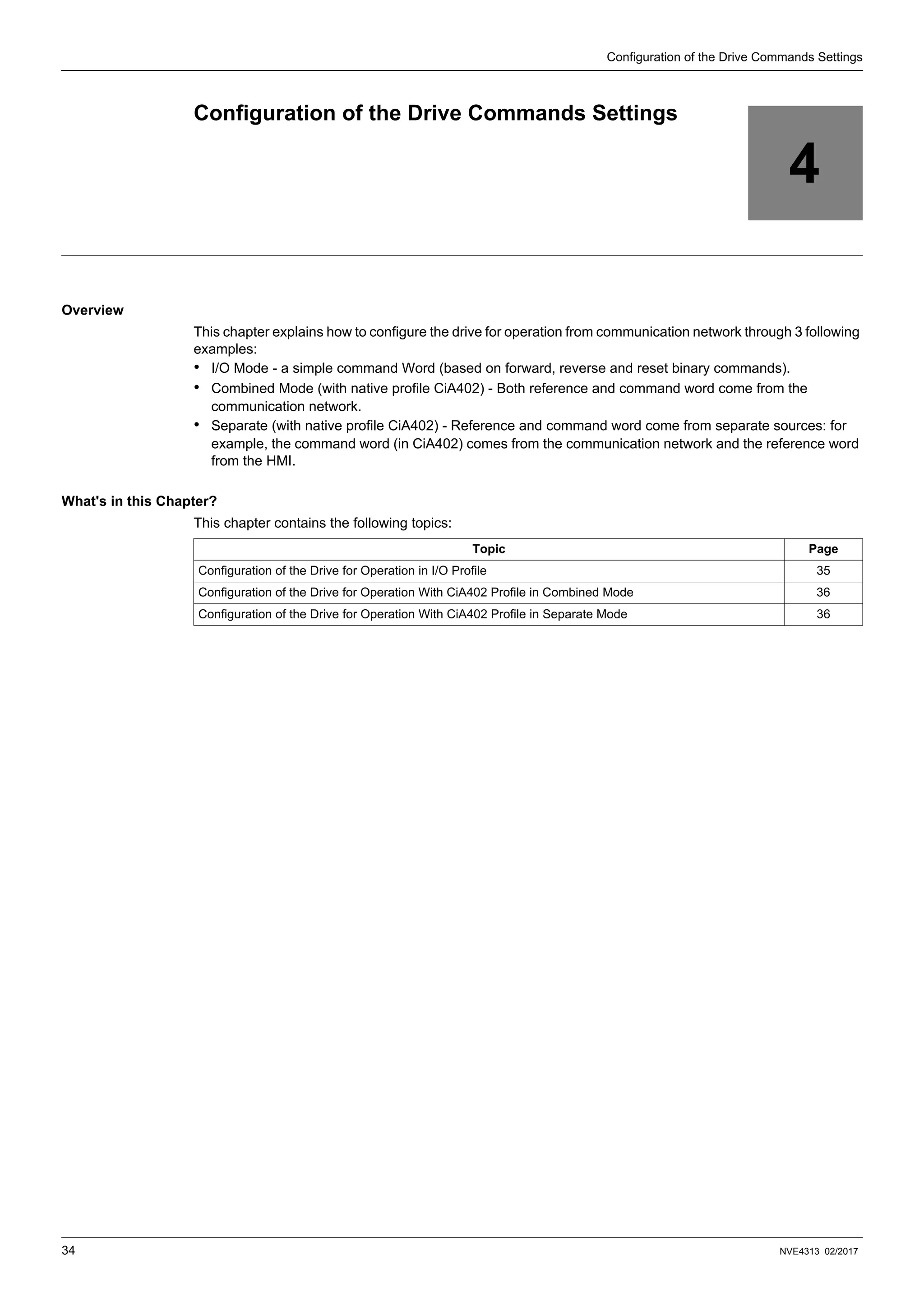 34 NVE4313 02/2017
Configuration of the Drive Commands Settings
4
Configuration of the Drive Commands Settings
Overview
This chapter explains how to configure the drive for operation from communication network through 3 following
examples:
• I/O Mode - a simple command Word (based on forward, reverse and reset binary commands).
• Combined Mode (with native profile CiA402) - Both reference and command word come from the
communication network.
• Separate (with native profile CiA402) - Reference and command word come from separate sources: for
example, the command word (in CiA402) comes from the communication network and the reference word
from the HMI.
What's in this Chapter?
This chapter contains the following topics:
Topic Page
Configuration of the Drive for Operation in I/O Profile 35
Configuration of the Drive for Operation With CiA402 Profile in Combined Mode 36
Configuration of the Drive for Operation With CiA402 Profile in Separate Mode 36
 