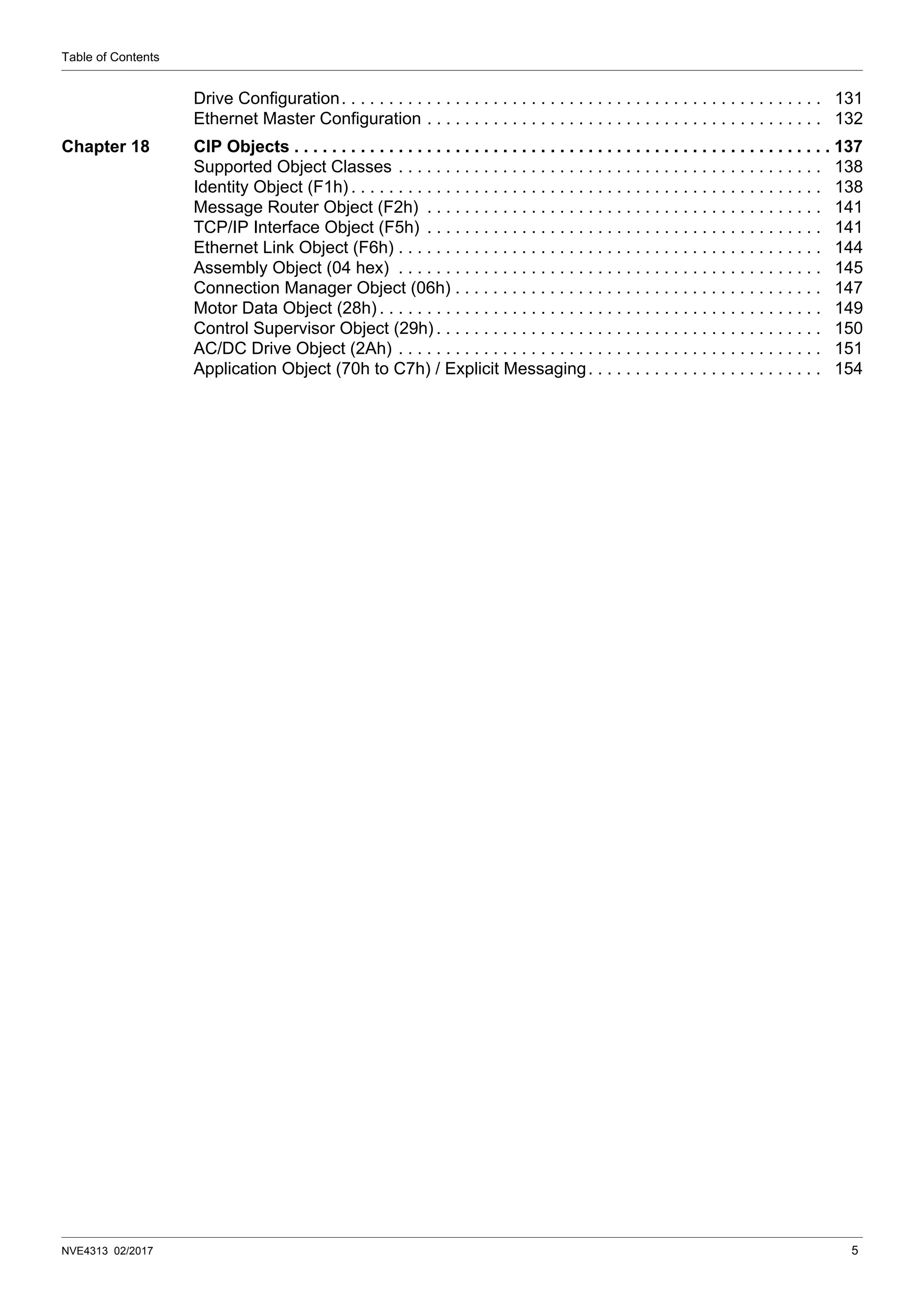 Table of Contents
NVE4313 02/2017 5
Drive Configuration. . . . . . . . . . . . . . . . . . . . . . . . . . . . . . . . . . . . . . . . . . . . . . . . . . . 131
Ethernet Master Configuration . . . . . . . . . . . . . . . . . . . . . . . . . . . . . . . . . . . . . . . . . . 132
Chapter 18 CIP Objects . . . . . . . . . . . . . . . . . . . . . . . . . . . . . . . . . . . . . . . . . . . . . . . . . . . . . . . . . 137
Supported Object Classes . . . . . . . . . . . . . . . . . . . . . . . . . . . . . . . . . . . . . . . . . . . . . 138
Identity Object (F1h) . . . . . . . . . . . . . . . . . . . . . . . . . . . . . . . . . . . . . . . . . . . . . . . . . . 138
Message Router Object (F2h) . . . . . . . . . . . . . . . . . . . . . . . . . . . . . . . . . . . . . . . . . . 141
TCP/IP Interface Object (F5h) . . . . . . . . . . . . . . . . . . . . . . . . . . . . . . . . . . . . . . . . . . 141
Ethernet Link Object (F6h) . . . . . . . . . . . . . . . . . . . . . . . . . . . . . . . . . . . . . . . . . . . . . 144
Assembly Object (04 hex) . . . . . . . . . . . . . . . . . . . . . . . . . . . . . . . . . . . . . . . . . . . . . 145
Connection Manager Object (06h) . . . . . . . . . . . . . . . . . . . . . . . . . . . . . . . . . . . . . . . 147
Motor Data Object (28h) . . . . . . . . . . . . . . . . . . . . . . . . . . . . . . . . . . . . . . . . . . . . . . . 149
Control Supervisor Object (29h) . . . . . . . . . . . . . . . . . . . . . . . . . . . . . . . . . . . . . . . . . 150
AC/DC Drive Object (2Ah) . . . . . . . . . . . . . . . . . . . . . . . . . . . . . . . . . . . . . . . . . . . . . 151
Application Object (70h to C7h) / Explicit Messaging. . . . . . . . . . . . . . . . . . . . . . . . . 154
 