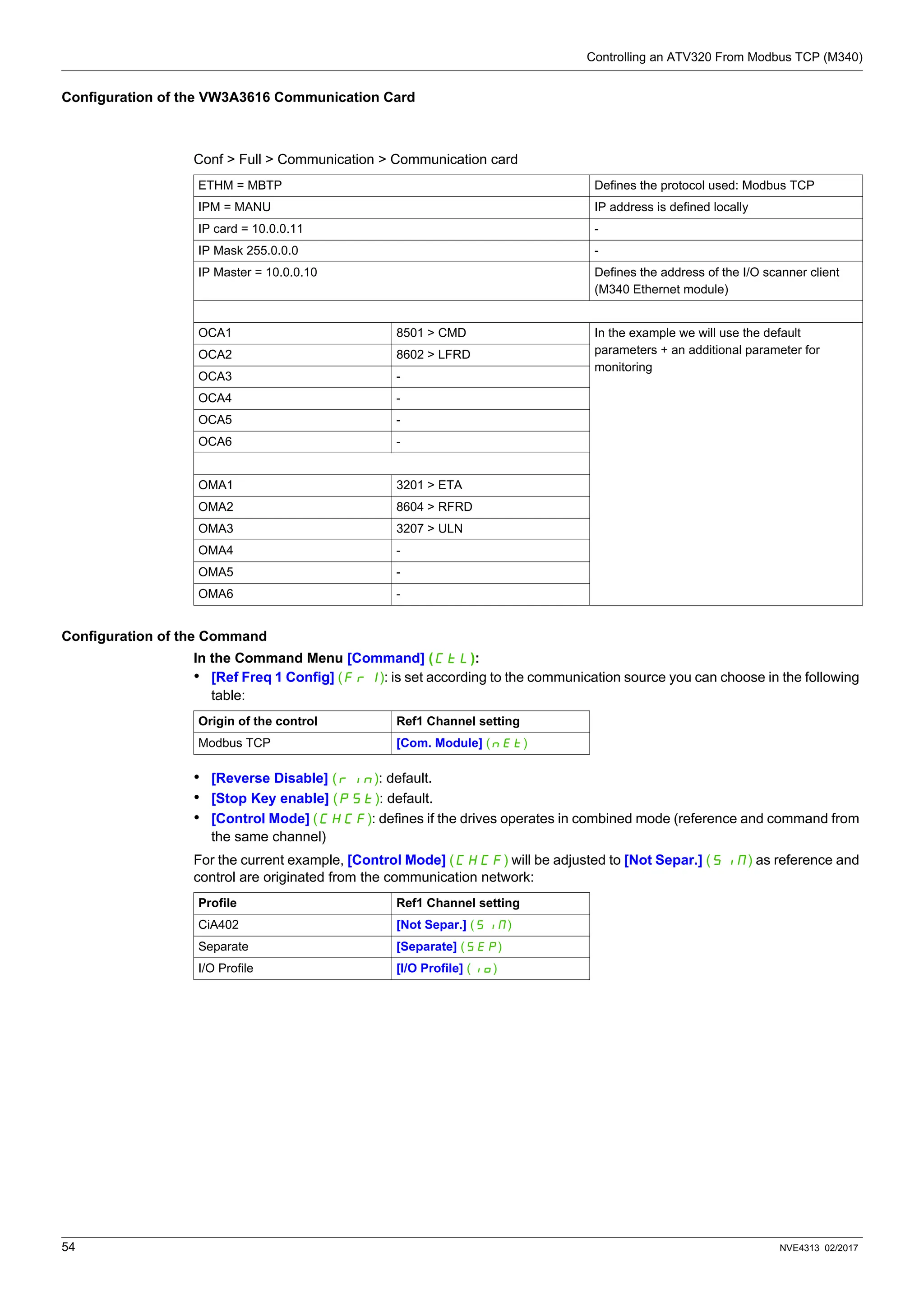 Controlling an ATV320 From Modbus TCP (M340)
54 NVE4313 02/2017
Configuration of the VW3A3616 Communication Card
Conf > Full > Communication > Communication card
Configuration of the Command
In the Command Menu [Command] (CtL):
• [Ref Freq 1 Config] (Fr1): is set according to the communication source you can choose in the following
table:
• [Reverse Disable] (rIn): default.
• [Stop Key enable] (PSt): default.
• [Control Mode] (CHCF): defines if the drives operates in combined mode (reference and command from
the same channel)
For the current example, [Control Mode] (CHCF) will be adjusted to [Not Separ.] (SIM) as reference and
control are originated from the communication network:
ETHM = MBTP Defines the protocol used: Modbus TCP
IPM = MANU IP address is defined locally
IP card = 10.0.0.11 -
IP Mask 255.0.0.0 -
IP Master = 10.0.0.10 Defines the address of the I/O scanner client
(M340 Ethernet module)
OCA1 8501 > CMD In the example we will use the default
parameters + an additional parameter for
monitoring
OCA2 8602 > LFRD
OCA3 -
OCA4 -
OCA5 -
OCA6 -
OMA1 3201 > ETA
OMA2 8604 > RFRD
OMA3 3207 > ULN
OMA4 -
OMA5 -
OMA6 -
Origin of the control Ref1 Channel setting
Modbus TCP [Com. Module] (nEt)
Profile Ref1 Channel setting
CiA402 [Not Separ.] (SIM)
Separate [Separate] (SEp)
I/O Profile [I/O Profile] (IO)
 