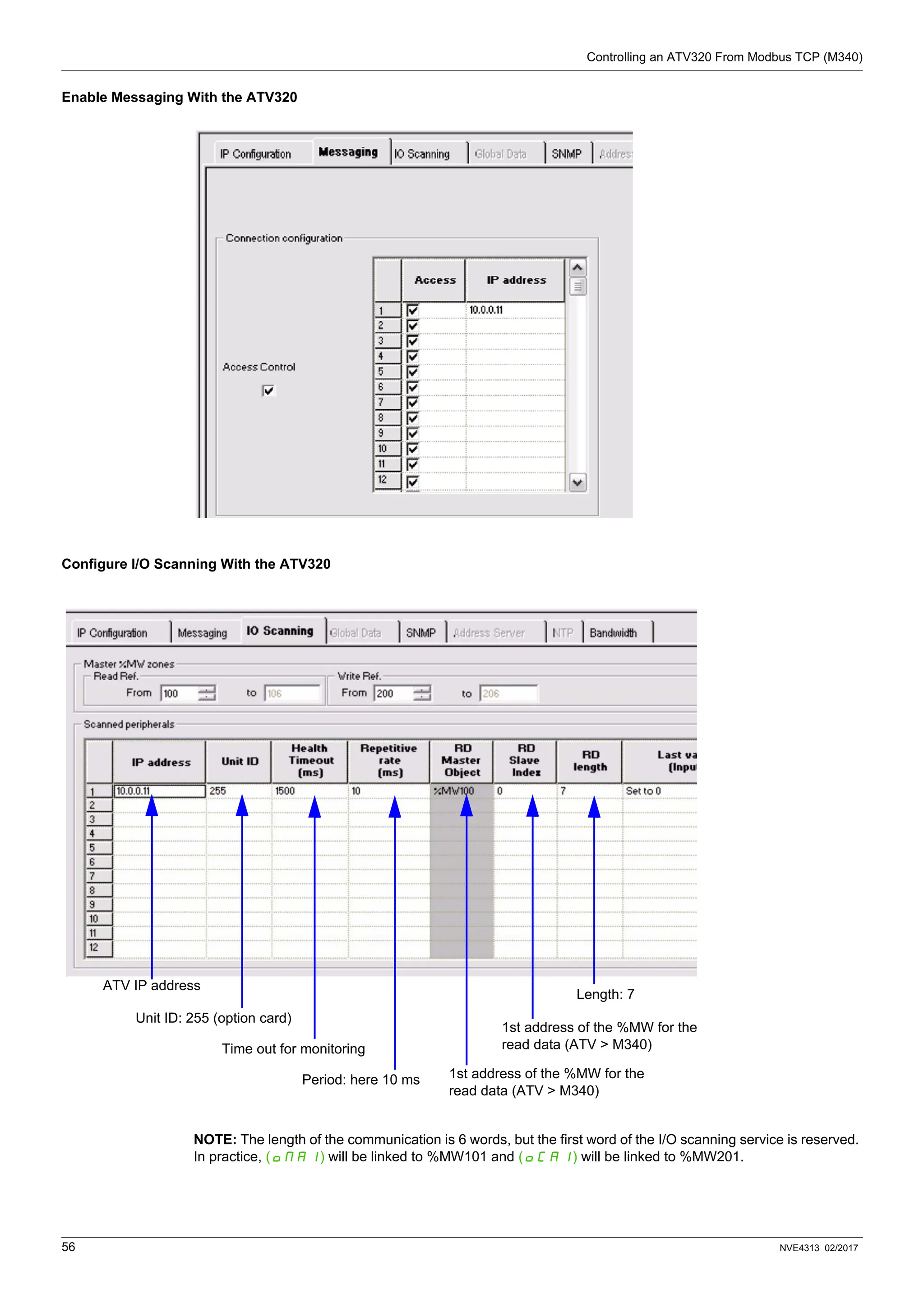 Controlling an ATV320 From Modbus TCP (M340)
56 NVE4313 02/2017
Enable Messaging With the ATV320
Configure I/O Scanning With the ATV320
NOTE: The length of the communication is 6 words, but the first word of the I/O scanning service is reserved.
In practice, (OMA1) will be linked to %MW101 and (OCA1) will be linked to %MW201.
ATV IP address
Unit ID: 255 (option card)
Time out for monitoring
Period: here 10 ms 1st address of the %MW for the
read data (ATV > M340)
1st address of the %MW for the
read data (ATV > M340)
Length: 7
 