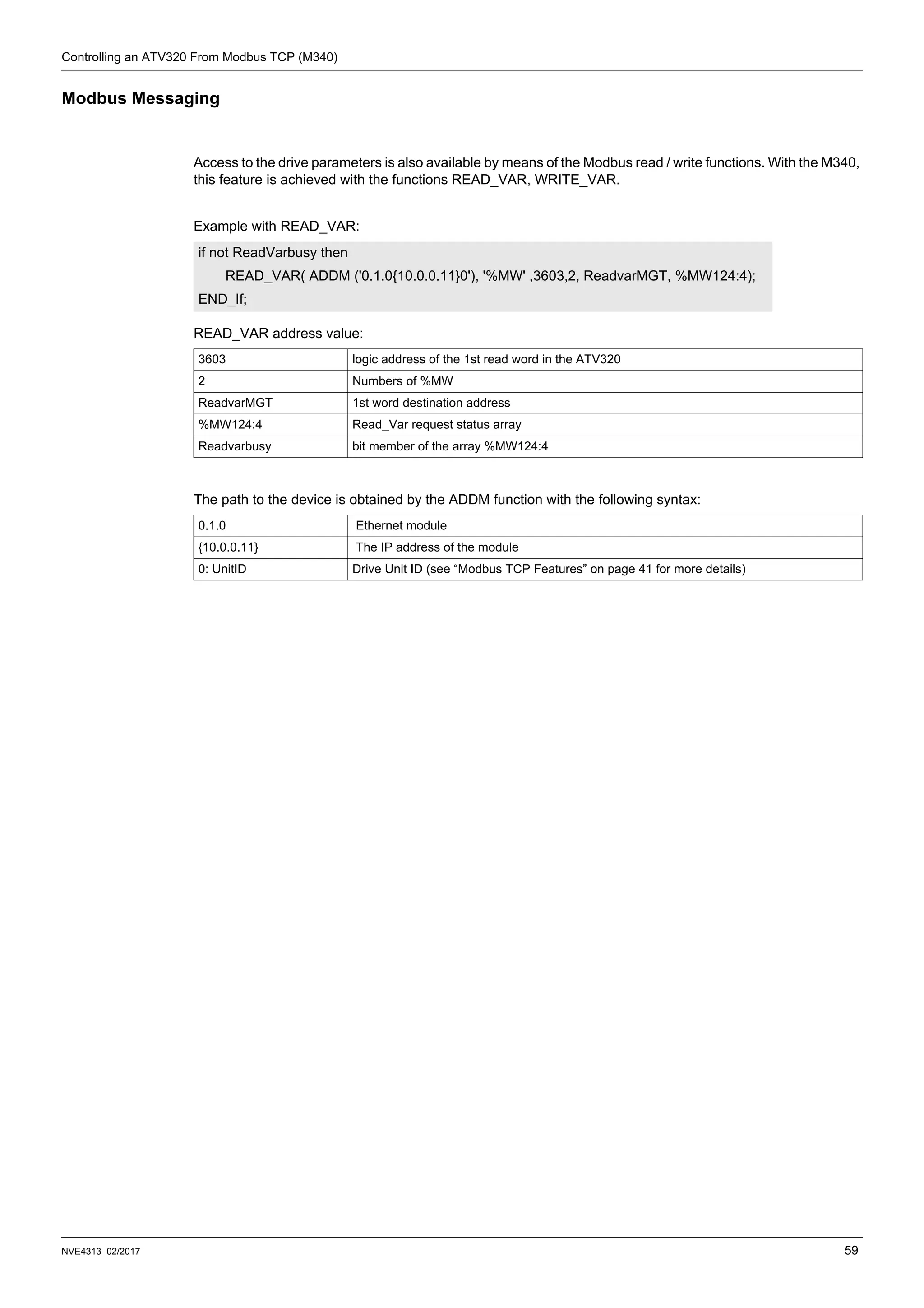 Controlling an ATV320 From Modbus TCP (M340)
NVE4313 02/2017 59
Modbus Messaging
Access to the drive parameters is also available by means of the Modbus read / write functions. With the M340,
this feature is achieved with the functions READ_VAR, WRITE_VAR.
Example with READ_VAR:
READ_VAR address value:
The path to the device is obtained by the ADDM function with the following syntax:
if not ReadVarbusy then
READ_VAR( ADDM ('0.1.0{10.0.0.11}0'), '%MW' ,3603,2, ReadvarMGT, %MW124:4);
END_If;
3603 logic address of the 1st read word in the ATV320
2 Numbers of %MW
ReadvarMGT 1st word destination address
%MW124:4 Read_Var request status array
Readvarbusy bit member of the array %MW124:4
0.1.0 Ethernet module
{10.0.0.11} The IP address of the module
0: UnitID Drive Unit ID (see “Modbus TCP Features” on page 41 for more details)
 