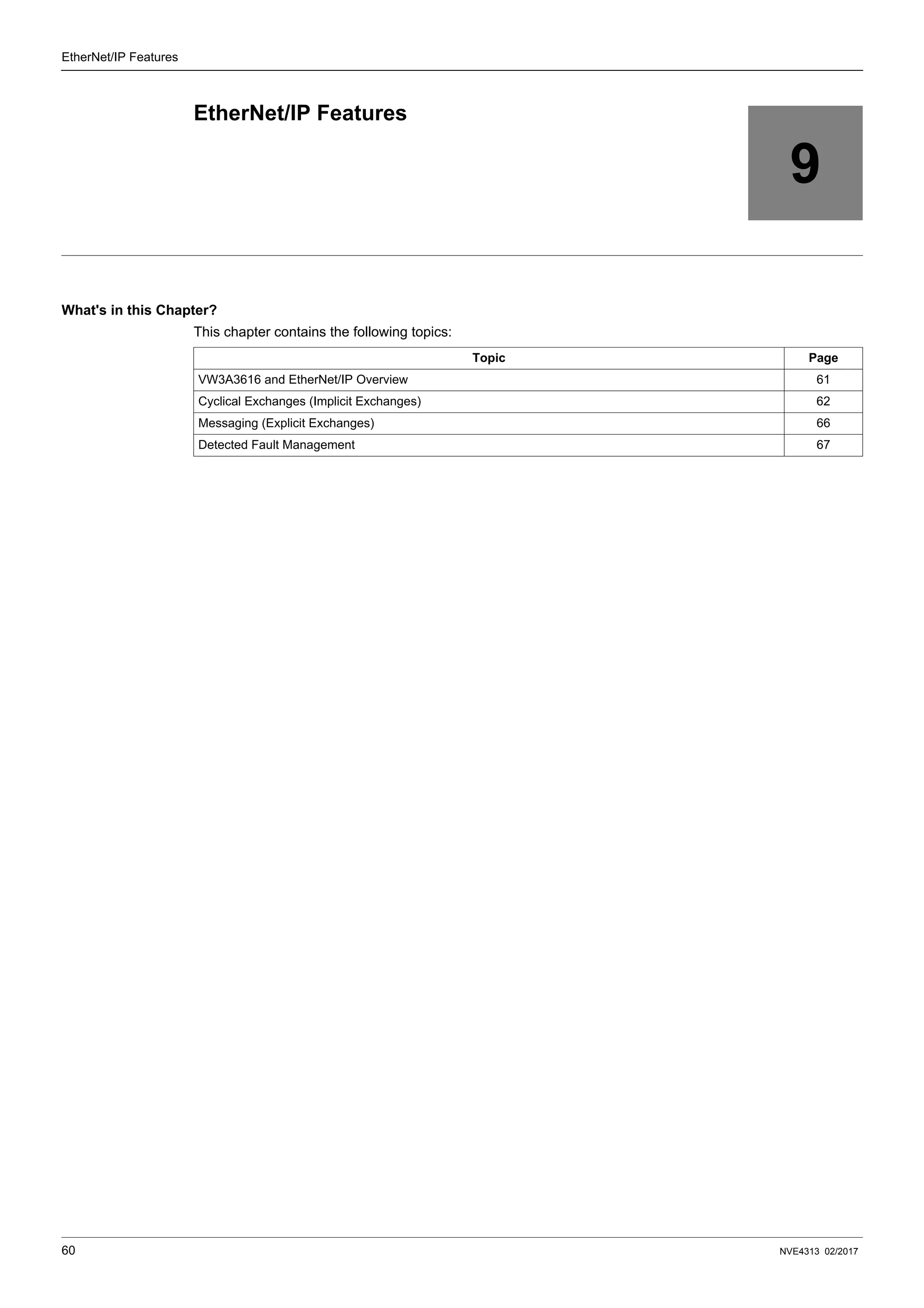 60 NVE4313 02/2017
EtherNet/IP Features
9
EtherNet/IP Features
What's in this Chapter?
This chapter contains the following topics:
Topic Page
VW3A3616 and EtherNet/IP Overview 61
Cyclical Exchanges (Implicit Exchanges) 62
Messaging (Explicit Exchanges) 66
Detected Fault Management 67
 