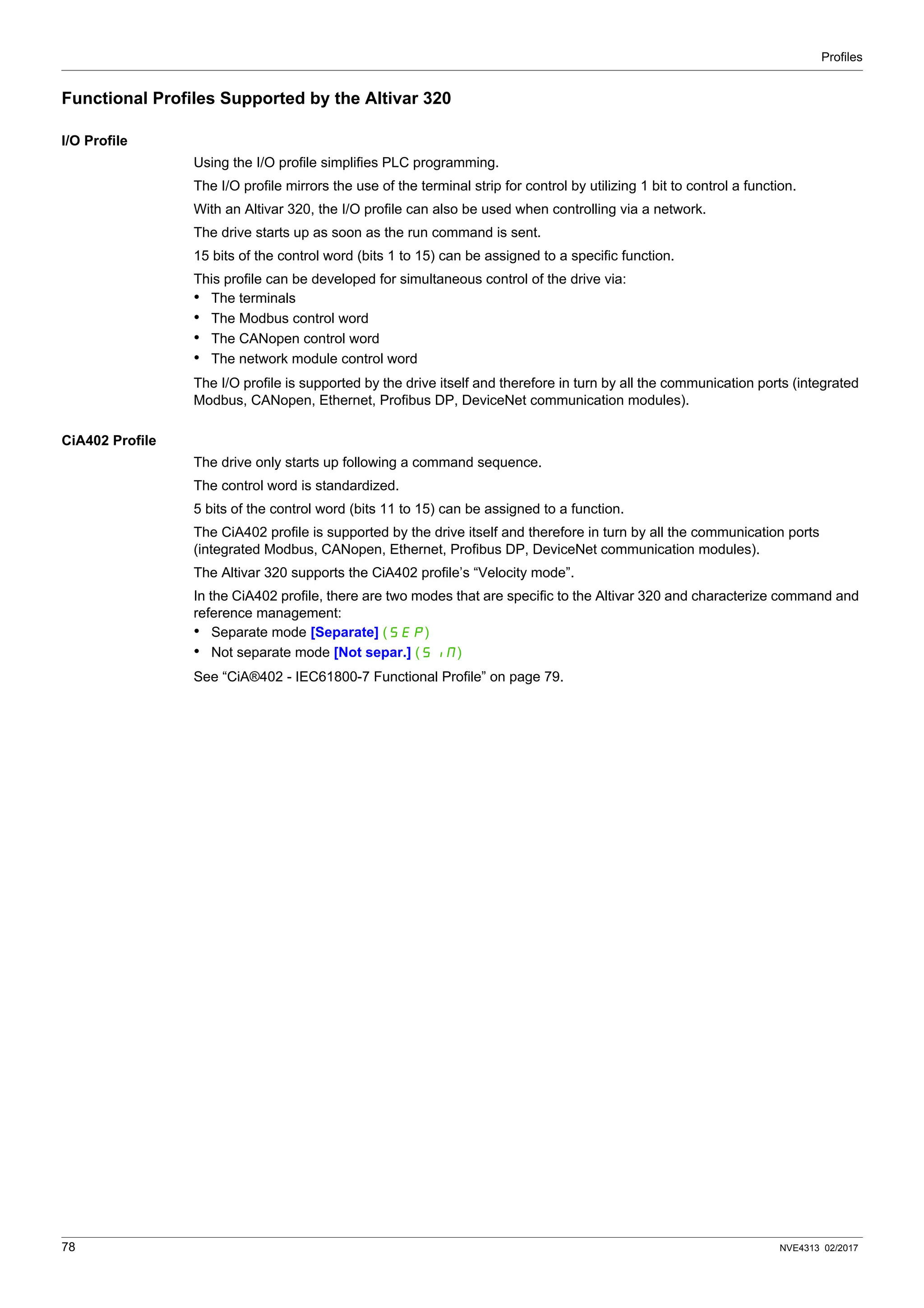 Profiles
78 NVE4313 02/2017
Functional Profiles Supported by the Altivar 320
I/O Profile
Using the I/O profile simplifies PLC programming.
The I/O profile mirrors the use of the terminal strip for control by utilizing 1 bit to control a function.
With an Altivar 320, the I/O profile can also be used when controlling via a network.
The drive starts up as soon as the run command is sent.
15 bits of the control word (bits 1 to 15) can be assigned to a specific function.
This profile can be developed for simultaneous control of the drive via:
• The terminals
• The Modbus control word
• The CANopen control word
• The network module control word
The I/O profile is supported by the drive itself and therefore in turn by all the communication ports (integrated
Modbus, CANopen, Ethernet, Profibus DP, DeviceNet communication modules).
CiA402 Profile
The drive only starts up following a command sequence.
The control word is standardized.
5 bits of the control word (bits 11 to 15) can be assigned to a function.
The CiA402 profile is supported by the drive itself and therefore in turn by all the communication ports
(integrated Modbus, CANopen, Ethernet, Profibus DP, DeviceNet communication modules).
The Altivar 320 supports the CiA402 profile’s “Velocity mode”.
In the CiA402 profile, there are two modes that are specific to the Altivar 320 and characterize command and
reference management:
• Separate mode [Separate] (SEP)
• Not separate mode [Not separ.] (SIM)
See “CiA®402 - IEC61800-7 Functional Profile” on page 79.
 