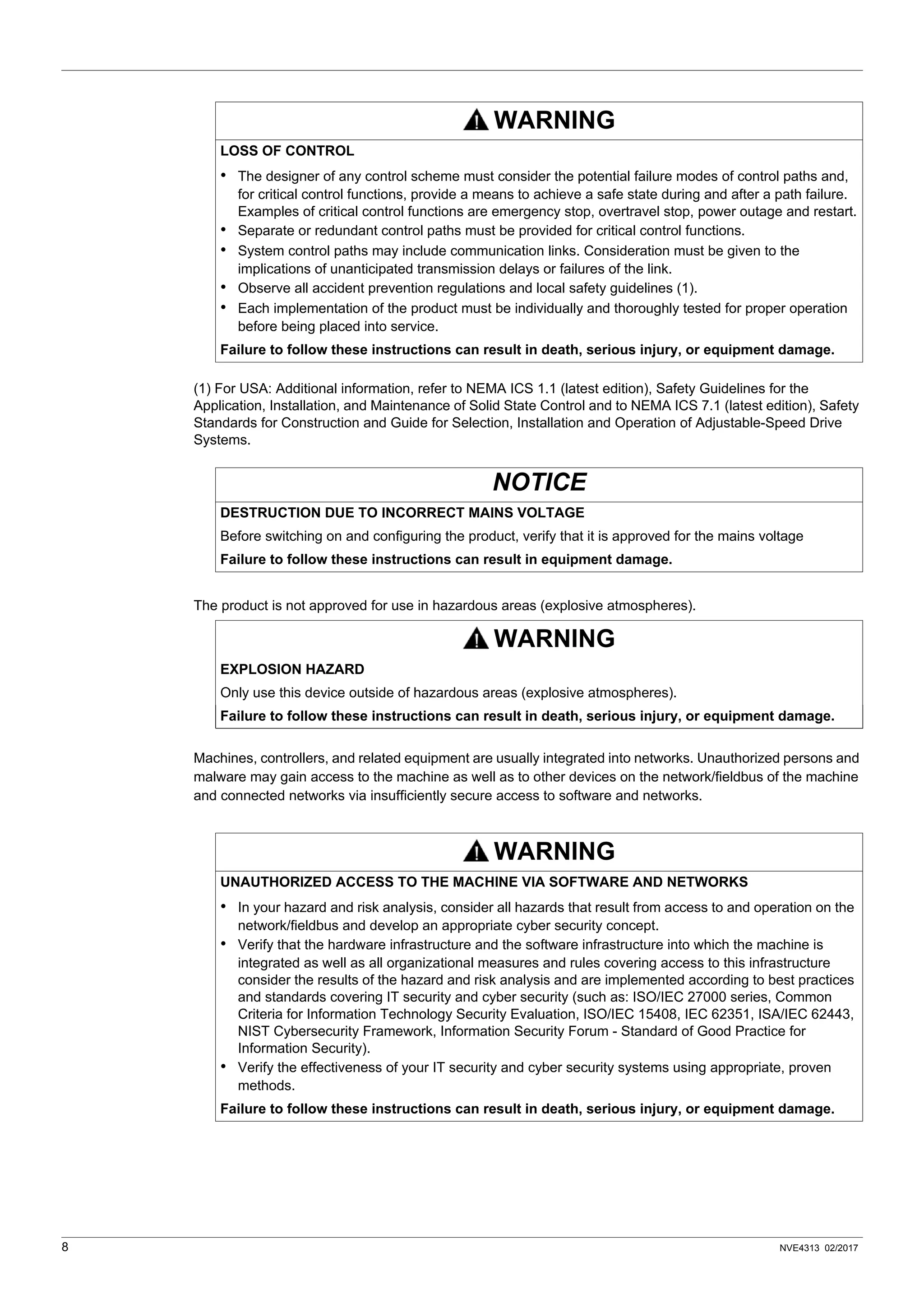 8 NVE4313 02/2017
(1) For USA: Additional information, refer to NEMA ICS 1.1 (latest edition), Safety Guidelines for the
Application, Installation, and Maintenance of Solid State Control and to NEMA ICS 7.1 (latest edition), Safety
Standards for Construction and Guide for Selection, Installation and Operation of Adjustable-Speed Drive
Systems.
The product is not approved for use in hazardous areas (explosive atmospheres).
Machines, controllers, and related equipment are usually integrated into networks. Unauthorized persons and
malware may gain access to the machine as well as to other devices on the network/fieldbus of the machine
and connected networks via insufficiently secure access to software and networks.
WARNING
LOSS OF CONTROL
• The designer of any control scheme must consider the potential failure modes of control paths and,
for critical control functions, provide a means to achieve a safe state during and after a path failure.
Examples of critical control functions are emergency stop, overtravel stop, power outage and restart.
• Separate or redundant control paths must be provided for critical control functions.
• System control paths may include communication links. Consideration must be given to the
implications of unanticipated transmission delays or failures of the link.
• Observe all accident prevention regulations and local safety guidelines (1).
• Each implementation of the product must be individually and thoroughly tested for proper operation
before being placed into service.
Failure to follow these instructions can result in death, serious injury, or equipment damage.
NOTICE
DESTRUCTION DUE TO INCORRECT MAINS VOLTAGE
Before switching on and configuring the product, verify that it is approved for the mains voltage
Failure to follow these instructions can result in equipment damage.
WARNING
EXPLOSION HAZARD
Only use this device outside of hazardous areas (explosive atmospheres).
Failure to follow these instructions can result in death, serious injury, or equipment damage.
WARNING
UNAUTHORIZED ACCESS TO THE MACHINE VIA SOFTWARE AND NETWORKS
• In your hazard and risk analysis, consider all hazards that result from access to and operation on the
network/fieldbus and develop an appropriate cyber security concept.
• Verify that the hardware infrastructure and the software infrastructure into which the machine is
integrated as well as all organizational measures and rules covering access to this infrastructure
consider the results of the hazard and risk analysis and are implemented according to best practices
and standards covering IT security and cyber security (such as: ISO/IEC 27000 series, Common
Criteria for Information Technology Security Evaluation, ISO/IEC 15408, IEC 62351, ISA/IEC 62443,
NIST Cybersecurity Framework, Information Security Forum - Standard of Good Practice for
Information Security).
• Verify the effectiveness of your IT security and cyber security systems using appropriate, proven
methods.
Failure to follow these instructions can result in death, serious injury, or equipment damage.
 
