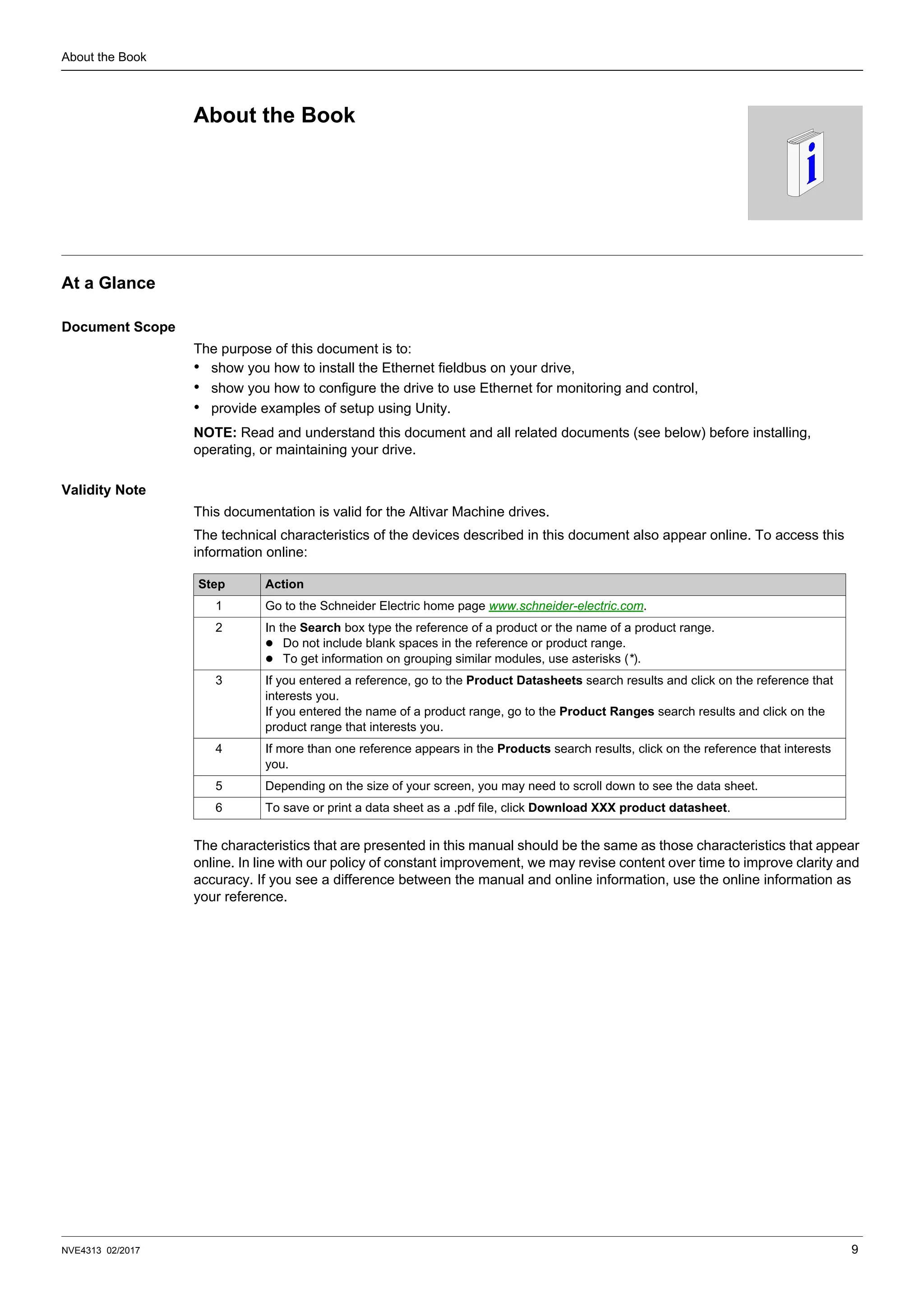 NVE4313 02/2017 9
About the Book
About the Book
At a Glance
Document Scope
The purpose of this document is to:
• show you how to install the Ethernet fieldbus on your drive,
• show you how to configure the drive to use Ethernet for monitoring and control,
• provide examples of setup using Unity.
NOTE: Read and understand this document and all related documents (see below) before installing,
operating, or maintaining your drive.
Validity Note
This documentation is valid for the Altivar Machine drives.
The technical characteristics of the devices described in this document also appear online. To access this
information online:
The characteristics that are presented in this manual should be the same as those characteristics that appear
online. In line with our policy of constant improvement, we may revise content over time to improve clarity and
accuracy. If you see a difference between the manual and online information, use the online information as
your reference.
Step Action
1 Go to the Schneider Electric home page www.schneider-electric.com.
2 In the Search box type the reference of a product or the name of a product range.
 Do not include blank spaces in the reference or product range.
 To get information on grouping similar modules, use asterisks (*).
3 If you entered a reference, go to the Product Datasheets search results and click on the reference that
interests you.
If you entered the name of a product range, go to the Product Ranges search results and click on the
product range that interests you.
4 If more than one reference appears in the Products search results, click on the reference that interests
you.
5 Depending on the size of your screen, you may need to scroll down to see the data sheet.
6 To save or print a data sheet as a .pdf file, click Download XXX product datasheet.
 