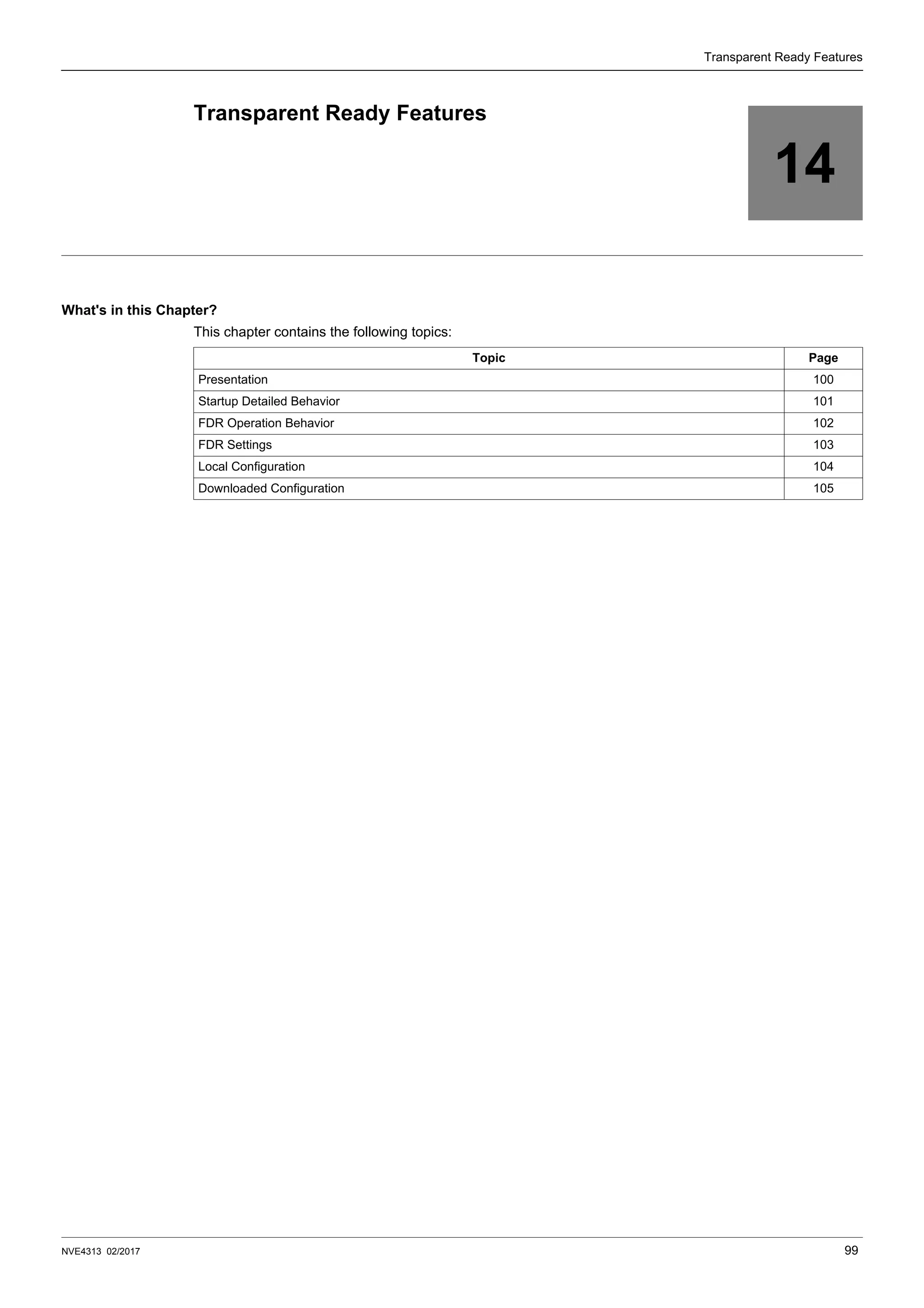 NVE4313 02/2017 99
Transparent Ready Features
14
Transparent Ready Features
What's in this Chapter?
This chapter contains the following topics:
Topic Page
Presentation 100
Startup Detailed Behavior 101
FDR Operation Behavior 102
FDR Settings 103
Local Configuration 104
Downloaded Configuration 105
 