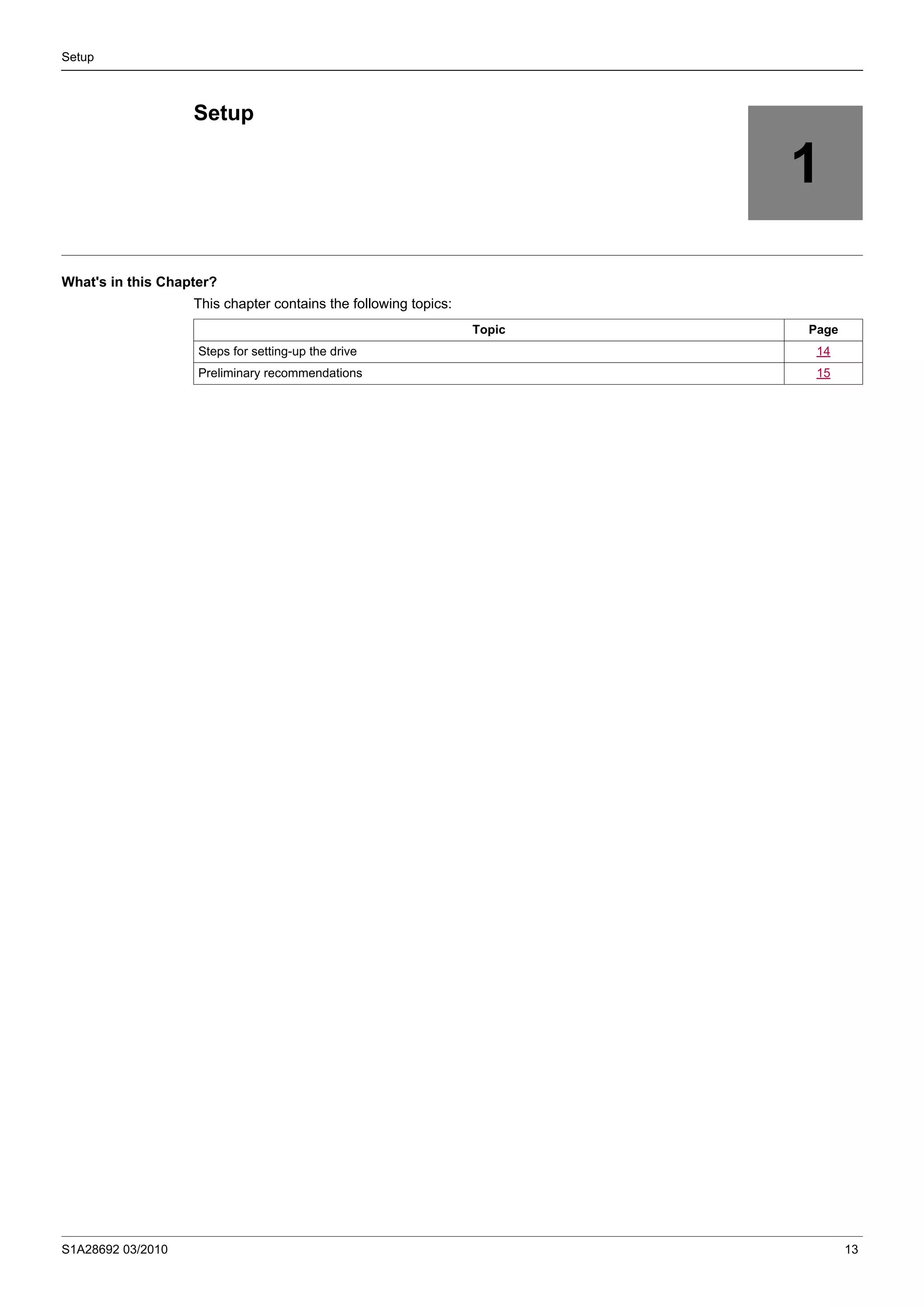 S1A28692 03/2010 13
Setup
1
Setup
What's in this Chapter?
This chapter contains the following topics:
Topic Page
Steps for setting-up the drive 14
Preliminary recommendations 15
 