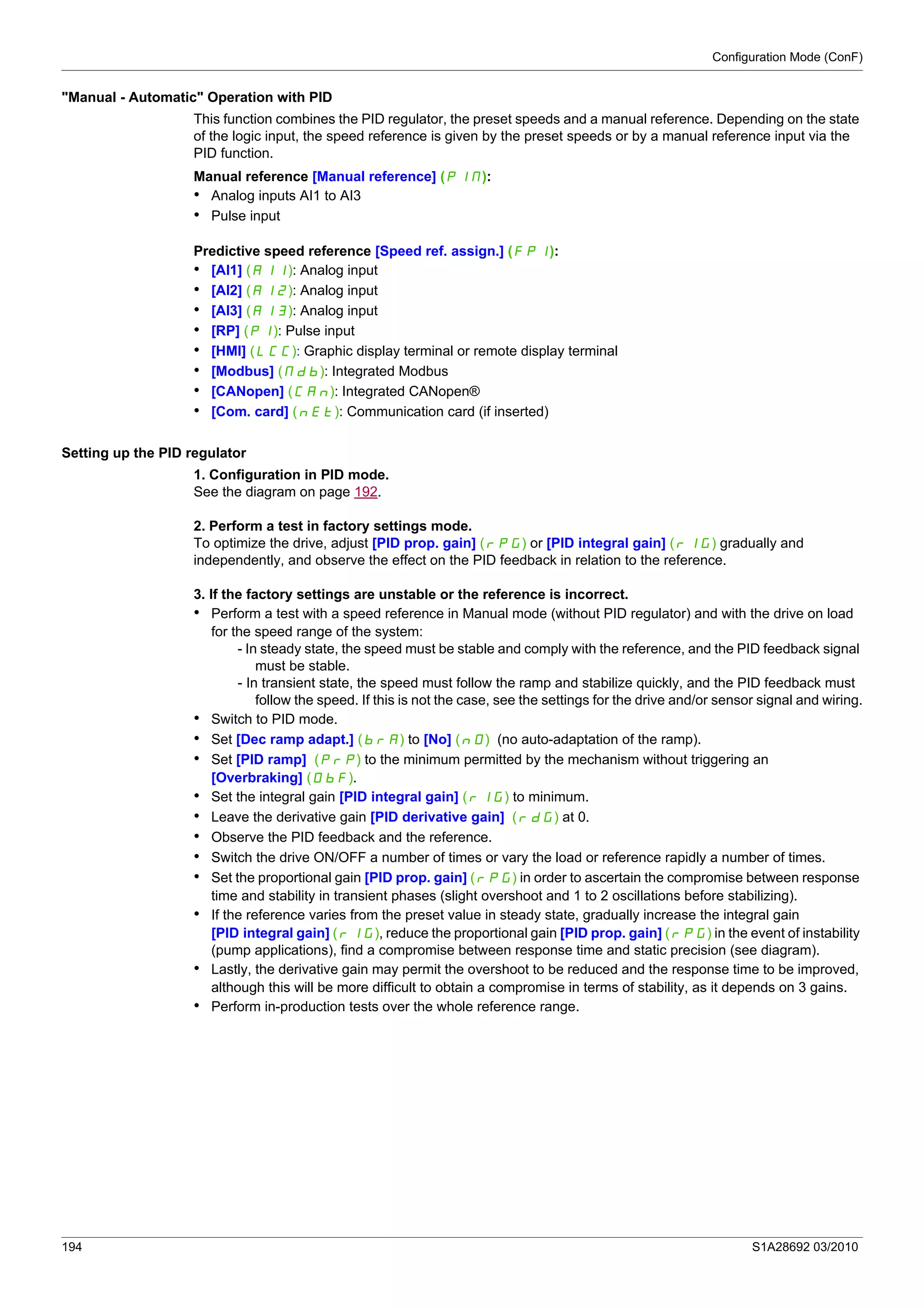 Configuration Mode (ConF)
194 S1A28692 03/2010
"Manual - Automatic" Operation with PID
This function combines the PID regulator, the preset speeds and a manual reference. Depending on the state
of the logic input, the speed reference is given by the preset speeds or by a manual reference input via the
PID function.
Manual reference [Manual reference] (PIM):
• Analog inputs AI1 to AI3
• Pulse input
Predictive speed reference [Speed ref. assign.] (FPI):
• [AI1] (AI1): Analog input
• [AI2] (AI2): Analog input
• [AI3] (AI3): Analog input
• [RP] (PI): Pulse input
• [HMI] (LCC): Graphic display terminal or remote display terminal
• [Modbus] (Mdb): Integrated Modbus
• [CANopen] (CAn): Integrated CANopen®
• [Com. card] (nEt): Communication card (if inserted)
Setting up the PID regulator
1. Configuration in PID mode.
See the diagram on page 192.
2. Perform a test in factory settings mode.
To optimize the drive, adjust [PID prop. gain] (rPG) or [PID integral gain] (rIG) gradually and
independently, and observe the effect on the PID feedback in relation to the reference.
3. If the factory settings are unstable or the reference is incorrect.
• Perform a test with a speed reference in Manual mode (without PID regulator) and with the drive on load
for the speed range of the system:
- In steady state, the speed must be stable and comply with the reference, and the PID feedback signal
must be stable.
- In transient state, the speed must follow the ramp and stabilize quickly, and the PID feedback must
follow the speed. If this is not the case, see the settings for the drive and/or sensor signal and wiring.
• Switch to PID mode.
• Set [Dec ramp adapt.] (brA) to [No] (nO) (no auto-adaptation of the ramp).
• Set [PID ramp] (PrP) to the minimum permitted by the mechanism without triggering an
[Overbraking] (ObF).
• Set the integral gain [PID integral gain] (rIG) to minimum.
• Leave the derivative gain [PID derivative gain] (rdG) at 0.
• Observe the PID feedback and the reference.
• Switch the drive ON/OFF a number of times or vary the load or reference rapidly a number of times.
• Set the proportional gain [PID prop. gain] (rPG) in order to ascertain the compromise between response
time and stability in transient phases (slight overshoot and 1 to 2 oscillations before stabilizing).
• If the reference varies from the preset value in steady state, gradually increase the integral gain
[PID integral gain] (rIG), reduce the proportional gain [PID prop. gain] (rPG) in the event of instability
(pump applications), find a compromise between response time and static precision (see diagram).
• Lastly, the derivative gain may permit the overshoot to be reduced and the response time to be improved,
although this will be more difficult to obtain a compromise in terms of stability, as it depends on 3 gains.
• Perform in-production tests over the whole reference range.
 