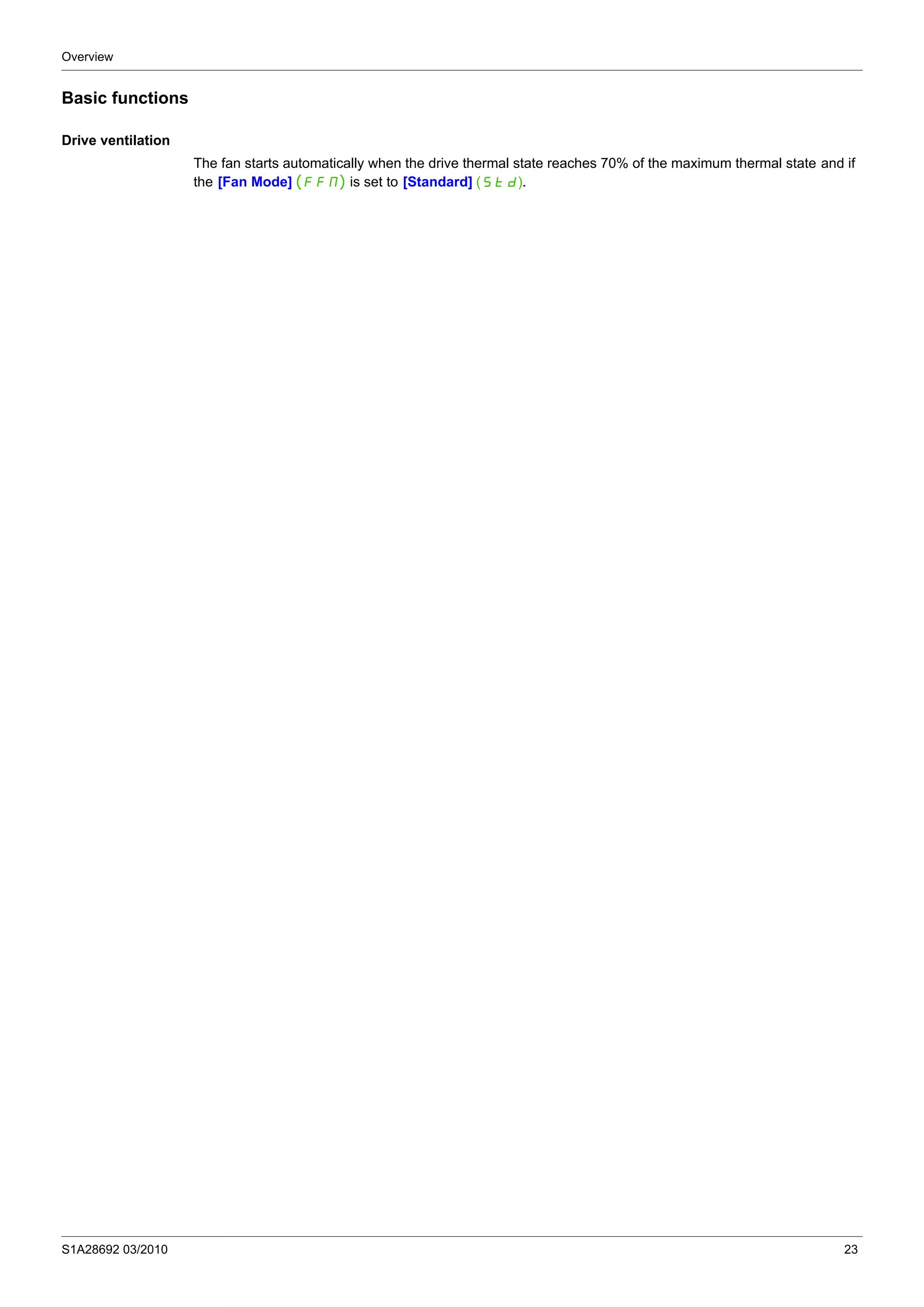 Overview
S1A28692 03/2010 23
Basic functions
Drive ventilation
The fan starts automatically when the drive thermal state reaches 70% of the maximum thermal state and if
the [Fan Mode] (FFM) is set to [Standard] (Std).
 