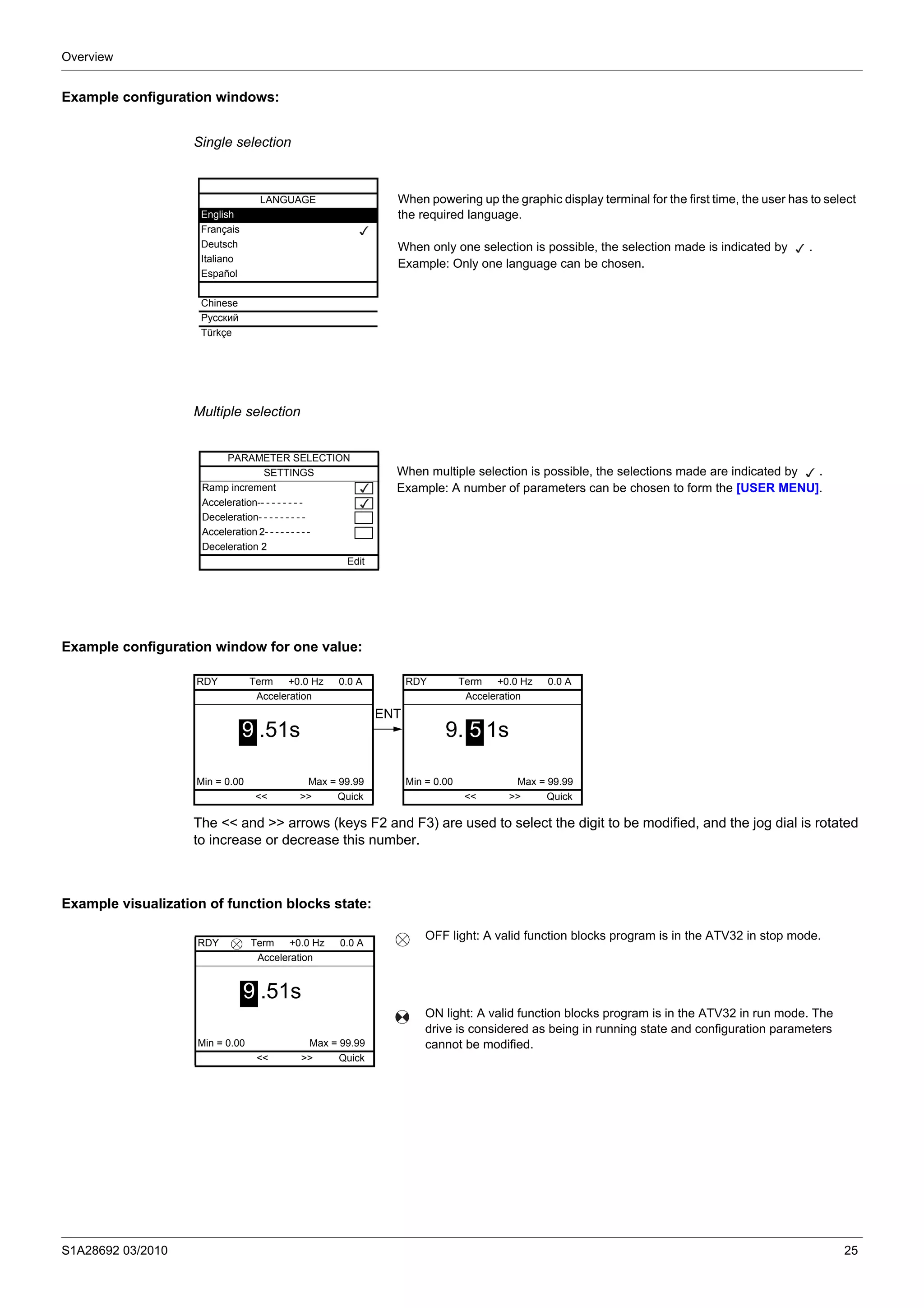 Overview
S1A28692 03/2010 25
Example configuration windows:
Single selection
Multiple selection
Example configuration window for one value:
The << and >> arrows (keys F2 and F3) are used to select the digit to be modified, and the jog dial is rotated
to increase or decrease this number.
Example visualization of function blocks state:
When powering up the graphic display terminal for the first time, the user has to select
the required language.
When only one selection is possible, the selection made is indicated by .
Example: Only one language can be chosen.
When multiple selection is possible, the selections made are indicated by .
Example: A number of parameters can be chosen to form the [USER MENU].
LANGUAGE
English
Français
Deutsch
Italiano
Español
Chinese
Русский
Türkçe
PARAMETER SELECTION
SETTINGS
Ramp increment
Acceleration-- - - - - - - -
Deceleration- - - - - - - - -
Acceleration 2- - - - - - - - -
Deceleration 2
Edit
RDY Term +0.0 Hz 0.0 A
Acceleration
9 .51s
Min = 0.00 Max = 99.99
<< >> Quick
ENT
RDY Term +0.0 Hz 0.0 A
Acceleration
9. 5 1s
Min = 0.00 Max = 99.99
<< >> Quick
OFF light: A valid function blocks program is in the ATV32 in stop mode.
ON light: A valid function blocks program is in the ATV32 in run mode. The
drive is considered as being in running state and configuration parameters
cannot be modified.
RDY Term +0.0 Hz 0.0 A
Acceleration
9 .51s
Min = 0.00 Max = 99.99
<< >> Quick
 
