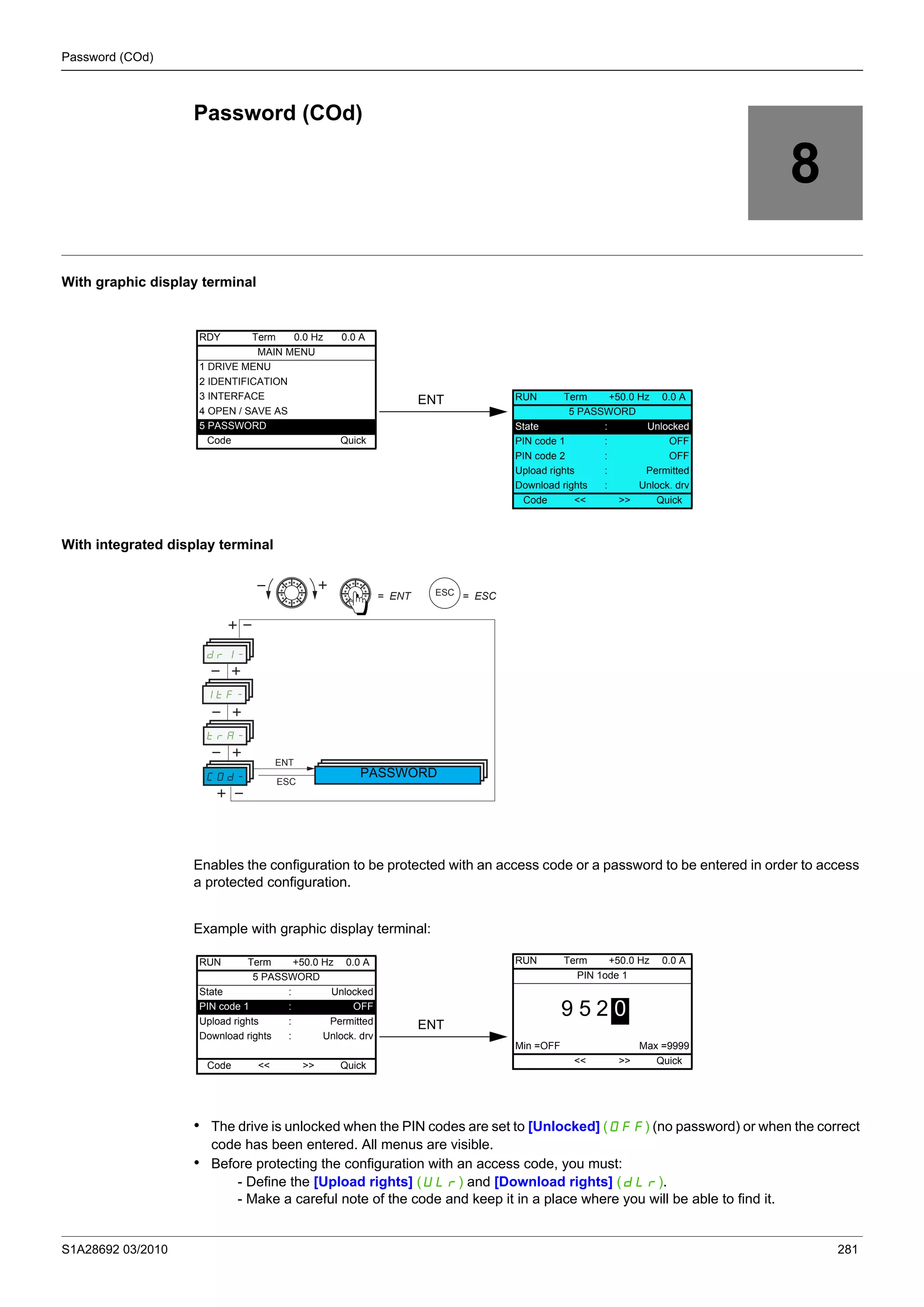 S1A28692 03/2010 281
Password (COd)
8
Password (COd)
With graphic display terminal
With integrated display terminal
Enables the configuration to be protected with an access code or a password to be entered in order to access
a protected configuration.
Example with graphic display terminal:
• The drive is unlocked when the PIN codes are set to [Unlocked] (OFF) (no password) or when the correct
code has been entered. All menus are visible.
• Before protecting the configuration with an access code, you must:
- Define the [Upload rights] (ULr) and [Download rights] (dLr).
- Make a careful note of the code and keep it in a place where you will be able to find it.
RDY Term 0.0 Hz 0.0 A
MAIN MENU
1 DRIVE MENU
2 IDENTIFICATION
3 INTERFACE
4 OPEN / SAVE AS
5 PASSWORD
Code Quick
ENT RUN Term +50.0 Hz 0.0 A
5 PASSWORD
State : Unlocked
PIN code 1 : OFF
PIN code 2 : OFF
Upload rights : Permitted
Download rights : Unlock. drv
Code << >> Quick
drI-
COd-
trA-
= ENT ESC = ESC
ItF-
ENT
ESC
PASSWORD
RUN Term +50.0 Hz 0.0 A
5 PASSWORD
State : Unlocked
PIN code 1 : OFF
Upload rights : Permitted
Download rights : Unlock. drv
Code << >> Quick
ENT
RUN Term +50.0 Hz 0.0 A
PIN 1ode 1
9 5 2 0
Min =OFF Max =9999
<< >> Quick
 