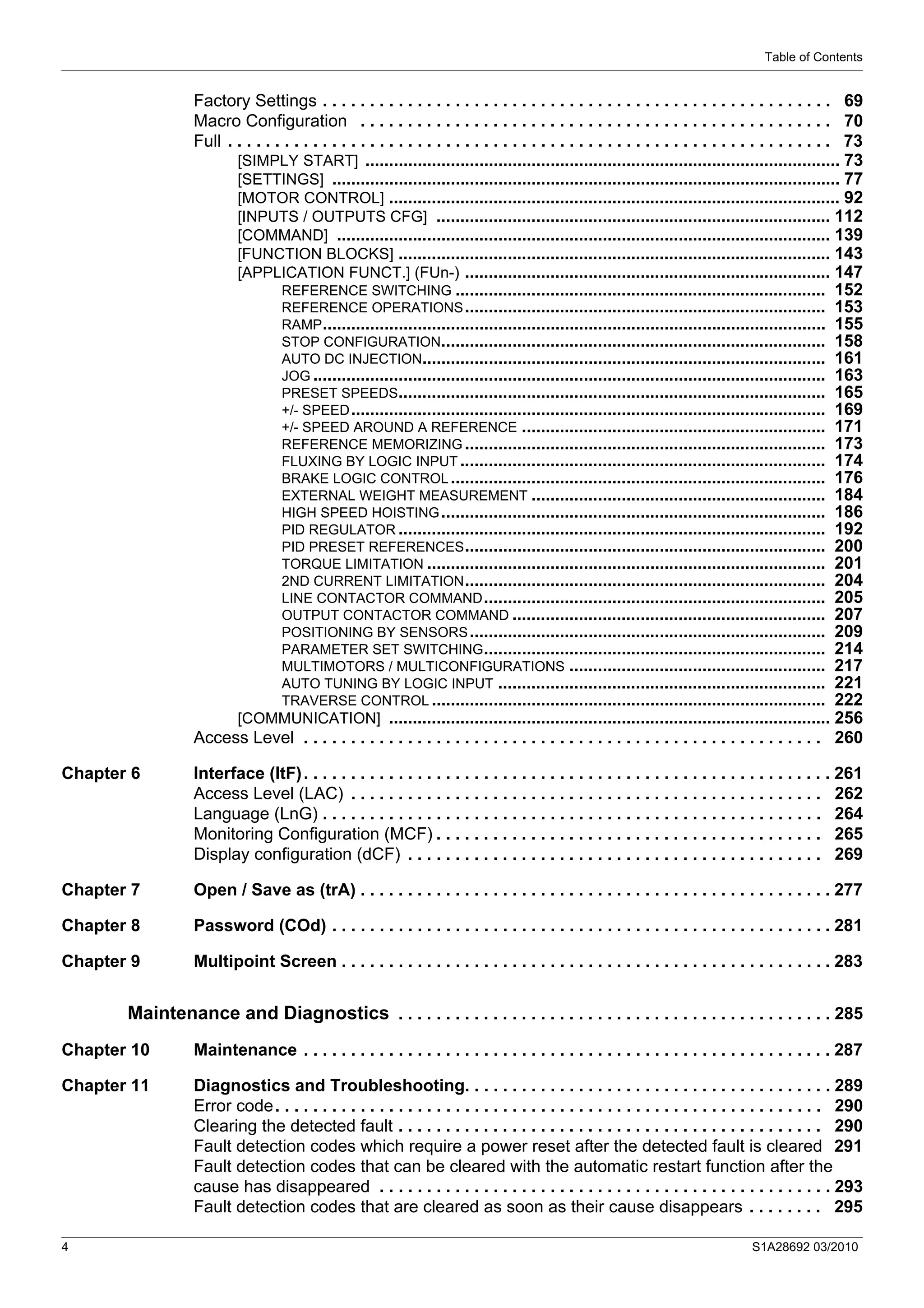 Table of Contents
4 S1A28692 03/2010
Factory Settings . . . . . . . . . . . . . . . . . . . . . . . . . . . . . . . . . . . . . . . . . . . . . . . . . . . . . . 69
Macro Configuration . . . . . . . . . . . . . . . . . . . . . . . . . . . . . . . . . . . . . . . . . . . . . . . . . . 70
Full . . . . . . . . . . . . . . . . . . . . . . . . . . . . . . . . . . . . . . . . . . . . . . . . . . . . . . . . . . . . . . . . 73
[SIMPLY START] .................................................................................................... 73
[SETTINGS] ........................................................................................................... 77
[MOTOR CONTROL] ............................................................................................... 92
[INPUTS / OUTPUTS CFG] ................................................................................... 112
[COMMAND] ........................................................................................................ 139
[FUNCTION BLOCKS] ........................................................................................... 143
[APPLICATION FUNCT.] (FUn-) ............................................................................. 147
REFERENCE SWITCHING .............................................................................. 152
REFERENCE OPERATIONS............................................................................ 153
RAMP.......................................................................................................... 155
STOP CONFIGURATION................................................................................. 158
AUTO DC INJECTION..................................................................................... 161
JOG ............................................................................................................ 163
PRESET SPEEDS.......................................................................................... 165
+/- SPEED.................................................................................................... 169
+/- SPEED AROUND A REFERENCE ................................................................ 171
REFERENCE MEMORIZING ............................................................................ 173
FLUXING BY LOGIC INPUT ............................................................................. 174
BRAKE LOGIC CONTROL............................................................................... 176
EXTERNAL WEIGHT MEASUREMENT .............................................................. 184
HIGH SPEED HOISTING................................................................................. 186
PID REGULATOR .......................................................................................... 192
PID PRESET REFERENCES............................................................................ 200
TORQUE LIMITATION .................................................................................... 201
2ND CURRENT LIMITATION............................................................................ 204
LINE CONTACTOR COMMAND........................................................................ 205
OUTPUT CONTACTOR COMMAND .................................................................. 207
POSITIONING BY SENSORS........................................................................... 209
PARAMETER SET SWITCHING........................................................................ 214
MULTIMOTORS / MULTICONFIGURATIONS ...................................................... 217
AUTO TUNING BY LOGIC INPUT ..................................................................... 221
TRAVERSE CONTROL ................................................................................... 222
[COMMUNICATION] ............................................................................................. 256
Access Level . . . . . . . . . . . . . . . . . . . . . . . . . . . . . . . . . . . . . . . . . . . . . . . . . . . . . . . 260
Chapter 6 Interface (ItF). . . . . . . . . . . . . . . . . . . . . . . . . . . . . . . . . . . . . . . . . . . . . . . . . . . . . . . . 261
Access Level (LAC) . . . . . . . . . . . . . . . . . . . . . . . . . . . . . . . . . . . . . . . . . . . . . . . . . . 262
Language (LnG) . . . . . . . . . . . . . . . . . . . . . . . . . . . . . . . . . . . . . . . . . . . . . . . . . . . . . 264
Monitoring Configuration (MCF) . . . . . . . . . . . . . . . . . . . . . . . . . . . . . . . . . . . . . . . . . 265
Display configuration (dCF) . . . . . . . . . . . . . . . . . . . . . . . . . . . . . . . . . . . . . . . . . . . . 269
Chapter 7 Open / Save as (trA) . . . . . . . . . . . . . . . . . . . . . . . . . . . . . . . . . . . . . . . . . . . . . . . . . . 277
Chapter 8 Password (COd) . . . . . . . . . . . . . . . . . . . . . . . . . . . . . . . . . . . . . . . . . . . . . . . . . . . . . 281
Chapter 9 Multipoint Screen . . . . . . . . . . . . . . . . . . . . . . . . . . . . . . . . . . . . . . . . . . . . . . . . . . . . 283
Maintenance and Diagnostics . . . . . . . . . . . . . . . . . . . . . . . . . . . . . . . . . . . . . . . . . . . . . . 285
Chapter 10 Maintenance . . . . . . . . . . . . . . . . . . . . . . . . . . . . . . . . . . . . . . . . . . . . . . . . . . . . . . . . 287
Chapter 11 Diagnostics and Troubleshooting. . . . . . . . . . . . . . . . . . . . . . . . . . . . . . . . . . . . . . . 289
Error code. . . . . . . . . . . . . . . . . . . . . . . . . . . . . . . . . . . . . . . . . . . . . . . . . . . . . . . . . . 290
Clearing the detected fault . . . . . . . . . . . . . . . . . . . . . . . . . . . . . . . . . . . . . . . . . . . . . 290
Fault detection codes which require a power reset after the detected fault is cleared 291
Fault detection codes that can be cleared with the automatic restart function after the
cause has disappeared . . . . . . . . . . . . . . . . . . . . . . . . . . . . . . . . . . . . . . . . . . . . . . . . 293
Fault detection codes that are cleared as soon as their cause disappears . . . . . . . . 295
 