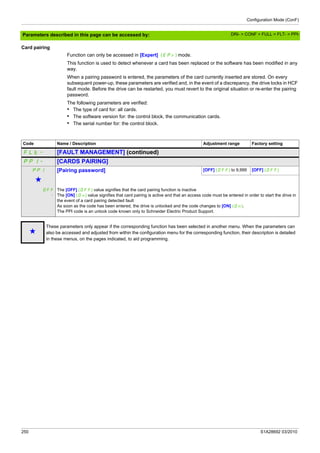Configuration Mode (ConF)
250 S1A28692 03/2010
Parameters described in this page can be accessed by:
Card pairing
Function can only be accessed in [Expert] (EPr) mode.
This function is used to detect whenever a card has been replaced or the software has been modified in any
way.
When a pairing password is entered, the parameters of the card currently inserted are stored. On every
subsequent power-up, these parameters are verified and, in the event of a discrepancy, the drive locks in HCF
fault mode. Before the drive can be restarted, you must revert to the original situation or re-enter the pairing
password.
The following parameters are verified:
• The type of card for: all cards.
• The software version for: the control block, the communication cards.
• The serial number for: the control block.
Code Name / Description Adjustment range Factory setting
FLt- [FAULT MANAGEMENT] (continued)
PPI- [CARDS PAIRING]
PPI [Pairing password] [OFF] (OFF) to 9,999 [OFF] (OFF)
g
OFF
-
The [OFF] (OFF) value signifies that the card pairing function is inactive
The [ON] (On) value signifies that card pairing is active and that an access code must be entered in order to start the drive in
the event of a card pairing detected fault
As soon as the code has been entered, the drive is unlocked and the code changes to [ON] (On).
The PPI code is an unlock code known only to Schneider Electric Product Support.
g
These parameters only appear if the corresponding function has been selected in another menu. When the parameters can
also be accessed and adjusted from within the configuration menu for the corresponding function, their description is detailed
in these menus, on the pages indicated, to aid programming.
DRI- > CONF > FULL > FLT- > PPI-
 