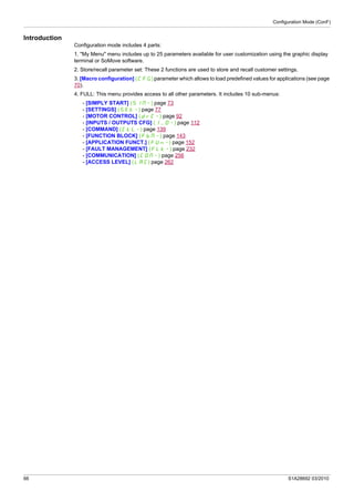 Configuration Mode (ConF)
66 S1A28692 03/2010
Introduction
Configuration mode includes 4 parts:
1. "My Menu" menu includes up to 25 parameters available for user customization using the graphic display
terminal or SoMove software.
2. Store/recall parameter set: These 2 functions are used to store and recall customer settings.
3. [Macro configuration] (CFG) parameter which allows to load predefined values for applications (see page
70).
4. FULL: This menu provides access to all other parameters. It includes 10 sub-menus:
- [SIMPLY START] (SIM-) page 73
- [SETTINGS] (SEt-) page 77
- [MOTOR CONTROL] (drC-) page 92
- [INPUTS / OUTPUTS CFG] (I_O-) page 112
- [COMMAND] (CtL-) page 139
- [FUNCTION BLOCK] (FbM-) page 143
- [APPLICATION FUNCT.] (FUn-) page 152
- [FAULT MANAGEMENT] (FLt-) page 232
- [COMMUNICATION] (COM-) page 256
- [ACCESS LEVEL] (LAC) page 262
 
