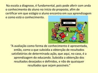 Na escola a diagnose, é fundamental, pois pode aferir com anda
o conhecimento do aluno no início do proposto, afim de
certificar em que estágio o aluno encontra em sua aprendizagem
e como está o conhecimento.




   “A avaliação como forma de conhecimento é apresentada,
      então, como a que subsidia a obtenção de resultados
    satisfatórios de determinada ação, que aqui, no caso, é a
      aprendizagem do educando. Subsidia a obtenção dos
      resultados desejados e definidos, e não de quaisquer
                 resultados que sejam possíveis.”
 