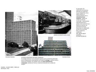 As alterações não interferiram nos volumes, definidos em função dos recuos obrigatórios, mas o edifício alterou-se substancialmente com a retirada dos brises cerâmicos - espécie de cartão de visitas da construção -, desenvolvidos especialmente para o projeto. Outro ponto de rara beleza do conjunto, seu pavimento de acesso, desenhado em colaboração de Rino Levi com Burle Marx, também foi modificado. Mal, segundo alguns arquitetosF I C H A T É C N I C AJARDIM DE ROBERTO BURLE MARXFACHADA PRIGINALFACHADA ATUALRETIRADA DESASTROSA DOS BRISE CÊRAMICOS.Os cobogóscêramicos nunca (atuavam) apenas como um elemento destinado pura e simplesmente a desempenhar sua função de proteger o edifício contra o excesso de insolação, mas também como uma peça importante da composição, variando em formas e materiais de acordo com o caráter do projeto”.PLAVINIL – ELCLOR / IBOPE – RINO LEVISÃO PAULO- 1961Fonte: ARCOWEB