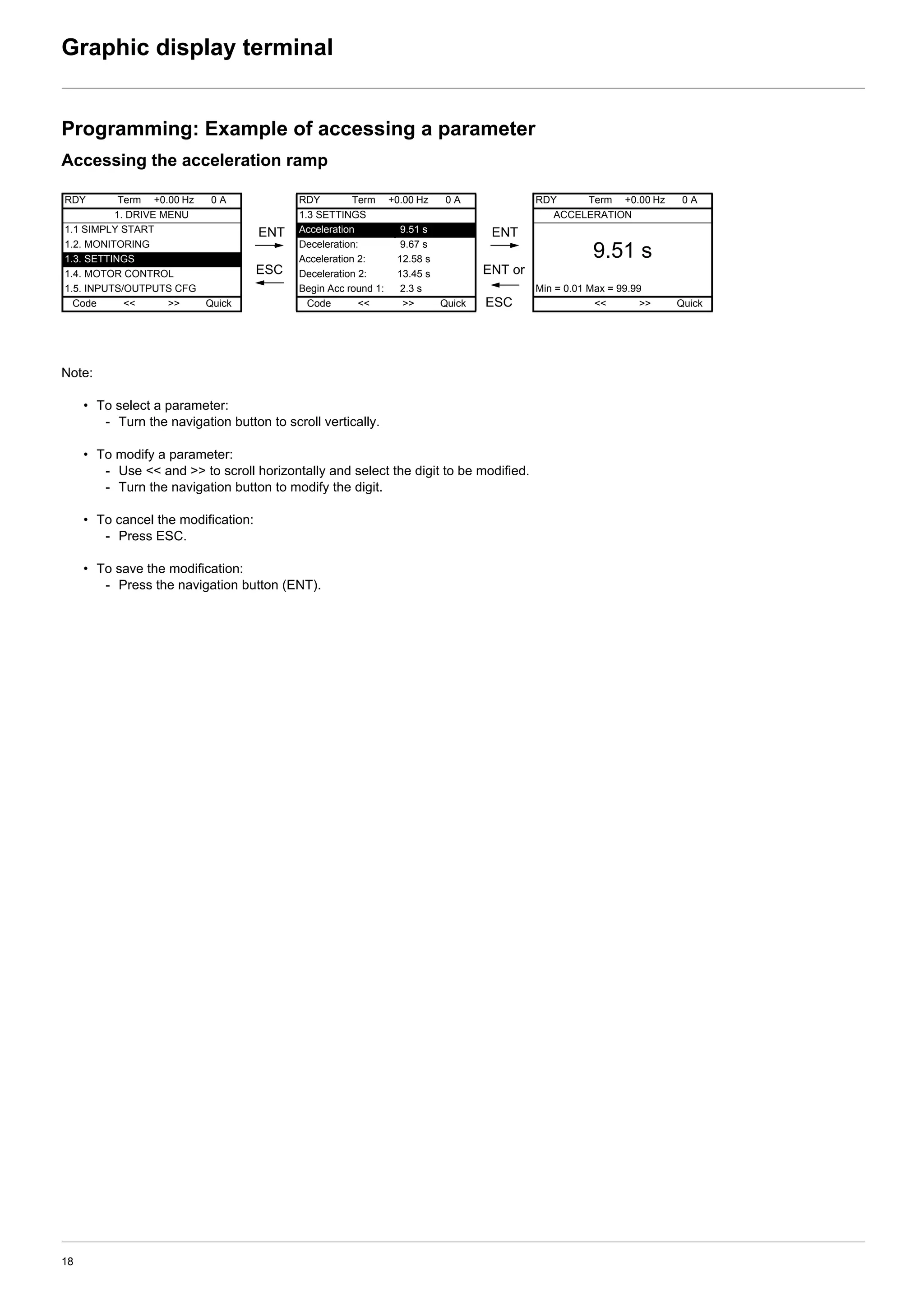 18
Graphic display terminal
Programming: Example of accessing a parameter
Accessing the acceleration ramp
Note:
• To select a parameter:
- Turn the navigation button to scroll vertically.
• To modify a parameter:
- Use << and >> to scroll horizontally and select the digit to be modified.
- Turn the navigation button to modify the digit.
• To cancel the modification:
- Press ESC.
• To save the modification:
- Press the navigation button (ENT).
RDY Term +0.00 Hz 0 A
1. DRIVE MENU
1.1 SIMPLY START
1.2. MONITORING
1.3. SETTINGS
1.4. MOTOR CONTROL
1.5. INPUTS/OUTPUTS CFG
Code << >> Quick
ENT
ESC
RDY Term +0.00 Hz 0 A
1.3 SETTINGS
Acceleration 9.51 s
Deceleration: 9.67 s
Acceleration 2: 12.58 s
Deceleration 2: 13.45 s
Begin Acc round 1: 2.3 s
Code << >> Quick
ENT
ENT or
ESC
RDY Term +0.00 Hz 0 A
ACCELERATION
9.51 s
Min = 0.01 Max = 99.99
<< >> Quick
 