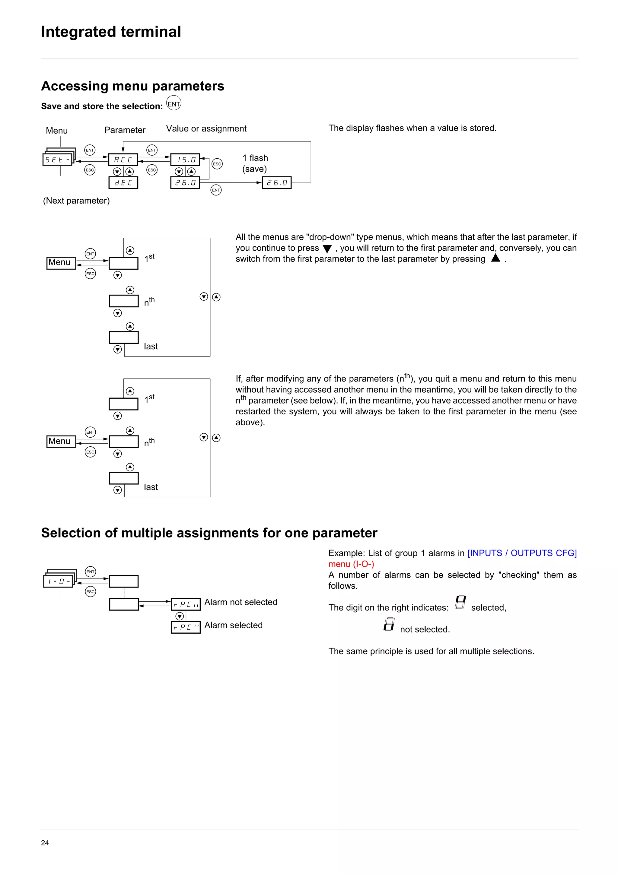 24
Integrated terminal
Accessing menu parameters
Save and store the selection:
The display flashes when a value is stored.
All the menus are "drop-down" type menus, which means that after the last parameter, if
you continue to press , you will return to the first parameter and, conversely, you can
switch from the first parameter to the last parameter by pressing .
If, after modifying any of the parameters (nth), you quit a menu and return to this menu
without having accessed another menu in the meantime, you will be taken directly to the
nth parameter (see below). If, in the meantime, you have accessed another menu or have
restarted the system, you will always be taken to the first parameter in the menu (see
above).
Selection of multiple assignments for one parameter
Example: List of group 1 alarms in [INPUTS / OUTPUTS CFG]
menu (I-O-)
A number of alarms can be selected by "checking" them as
follows.
The digit on the right indicates: selected,
not selected.
The same principle is used for all multiple selections.
ENT
ACC 15.0
ENT
ESC
ENT
ESC
26.0 26.0
ESC
dEC ENT
SEt-
Menu Value or assignment
1 flash
(save)
Parameter
(Next parameter)
ENT
ESC
1st
nth
last
Menu
ENT
ESC
1st
nth
last
Menu
ENT
ESC
I-O-
Alarm not selected
Alarm selected
 