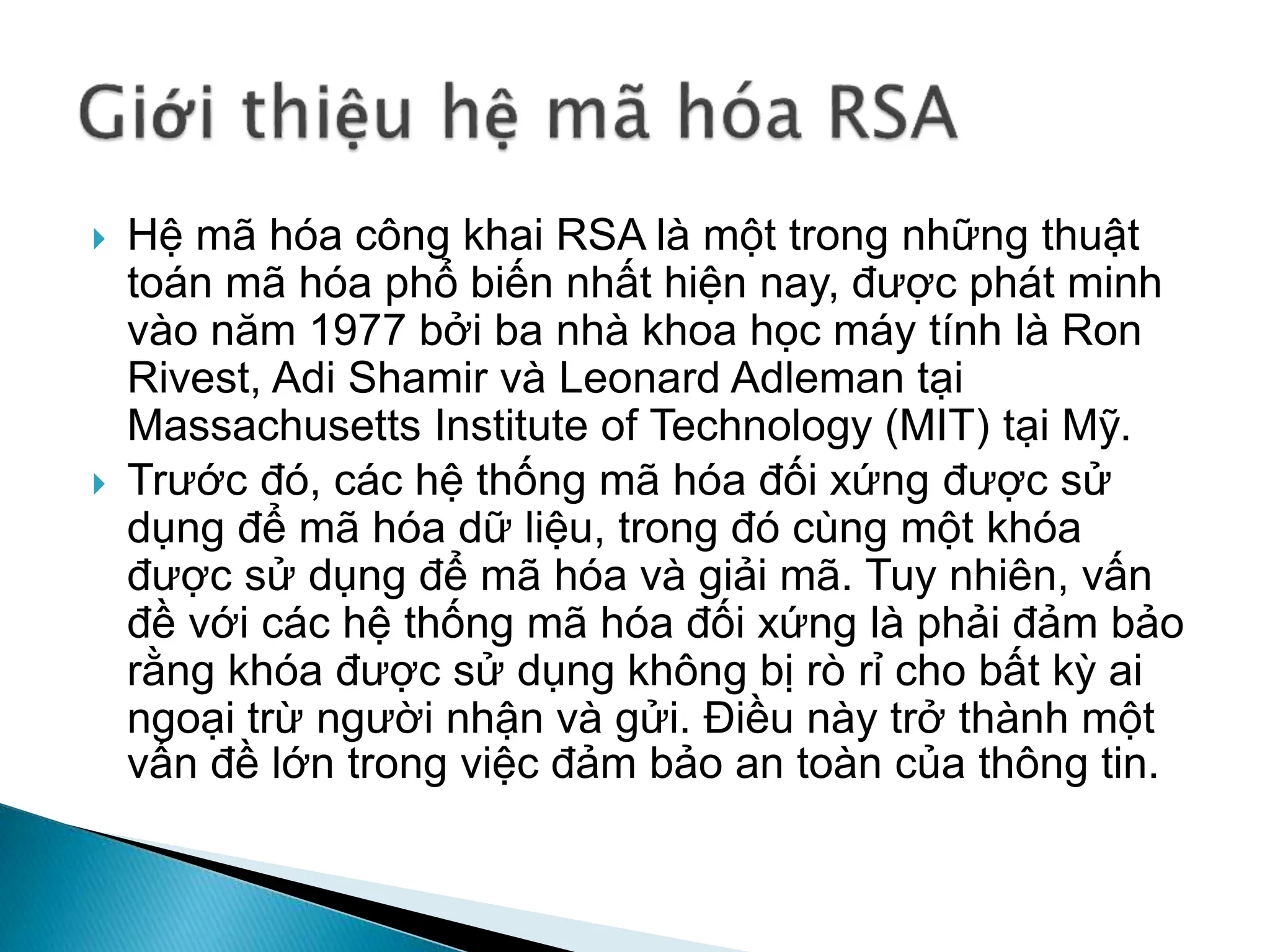Tìm hiểu hệ mã hoá RSA và cách triển khai vào hệ thống | PPTX