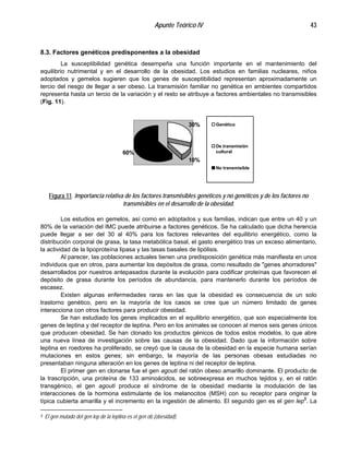 Apunte Teórico IV 43
8.3. Factores genéticos predisponentes a la obesidad
La susceptibilidad genética desempeña una función importante en el mantenimiento del
equilibrio nutrimental y en el desarrollo de la obesidad. Los estudios en familias nucleares, niños
adoptados y gemelos sugieren que los genes de susceptibilidad representan aproximadamente un
tercio del riesgo de llegar a ser obeso. La transmisión familiar no genética en ambientes compartidos
representa hasta un tercio de la variación y el resto se atribuye a factores ambientales no transmisibles
(Fig. 11).
30%
10%
60%
Genético
De transmisión
cultural
No transmisible
Figura 11. Importancia relativa de los factores transmisibles genéticos y no genéticos y de los factores no
transmisibles en el desarrollo de la obesidad.
Los estudios en gemelos, así como en adoptados y sus familias, indican que entre un 40 y un
80% de la variación del IMC puede atribuirse a factores genéticos. Se ha calculado que dicha herencia
puede llegar a ser del 30 al 40% para los factores relevantes del equilibrio energético, como la
distribución corporal de grasa, la tasa metabólica basal, el gasto energético tras un exceso alimentario,
la actividad de la lipoproteína lipasa y las tasas basales de lipólisis.
Al parecer, las poblaciones actuales tienen una predisposición genética más manifiesta en unos
individuos que en otros, para aumentar los depósitos de grasa, como resultado de "genes ahorradores"
desarrollados por nuestros antepasados durante la evolución para codificar proteínas que favorecen el
depósito de grasa durante los períodos de abundancia, para mantenerlo durante los períodos de
escasez.
Existen algunas enfermedades raras en las que la obesidad es consecuencia de un solo
trastorno genético, pero en la mayoría de los casos se cree que un número limitado de genes
interacciona con otros factores para producir obesidad.
Se han estudiado los genes implicados en el equilibrio energético, que son especialmente los
genes de leptina y del receptor de leptina. Pero en los animales se conocen al menos seis genes únicos
que producen obesidad. Se han clonado los productos génicos de todos estos modelos, lo que abre
una nueva línea de investigación sobre las causas de la obesidad. Dado que la información sobre
leptina en roedores ha proliferado, se creyó que la causa de la obesidad en la especie humana serían
mutaciones en estos genes; sin embargo, la mayoría de las personas obesas estudiadas no
presentaban ninguna alteración en los genes de leptina ni del receptor de leptina.
El primer gen en clonarse fue el gen agouti del ratón obeso amarillo dominante. El producto de
la trascripción, una proteína de 133 aminoácidos, se sobreexpresa en muchos tejidos y, en el ratón
transgénico, el gen agouti produce el síndrome de la obesidad mediante la modulación de las
interacciones de la hormona estimulante de los melanocitos (MSH) con su receptor para originar la
típica cubierta amarilla y el incremento en la ingestión de alimento. El segundo gen es el gen lep3
. La
3 El gen mutado del gen lep de la leptina es el gen ob (obesidad).
 