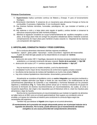Apunte Teórico IV 25
Primeras Conclusiones
1.- Supervivencia implica suministro continuo de Materia y Energía " para el funcionamiento
fisiológico.
2.- Alimentación intermitente " presencia de un mecanismo para almacenar Energía en forma de
combustible " azúcares y triglicéridos " con movilización rápida.
3.- Hay diversos factores nerviosos, humorales, psicológicos, etc. que modulan al hambre y al
apetito.
4.- Hay sistemas a corto y a largo plazo para regular el apetito y ambos tienden a conservar la
estructura corporal propia de cada momento biológico.
5.- Mientras la regulación circadiana se ocupa fundamentalmente del equilibrio energético a corto
plazo, el de largo plazo trata de corregir los pequeños disbalances diarios mediante sucesivas
compensaciones de mayor plazo para mantener el peso corporal, la integridad de las reservas
y la composición del organismo.
2. HIPOTÁLAMO, CONDUCTA FÁGICA Y PESO CORPORAL
En la conducta alimentaria intervienen distintas regiones encefálicas:
hipotálamo - septum - globo pálido - hipocampo - núcleo accumbens - tegmento del mesencéfalo.
A partir de mitad del siglo pasado se fue desarrollando el concepto de “centros
hipotalámicos”:
• destrucción del núcleo VM => hiperfagia, desviación de diversos procesos metabólicos hacia el
anabolismo y un marcado incremento del peso corporal. Centro de la saciedad => Hpt VM
• destrucción del núcleo LAT => cambios opuestos. Centro del hambre => Hpt LAT
Hoy se reconoce que es un modelo simplista, y se lo ha abandonado:
• complejidad mucho mayor de los mecanismos de control de la ingesta y el peso corporal.
• los efectos de las lesiones de núcleos del hipotálamo es mucho más amplia (Tabla I):
• hay otros núcleos hipotalámicos intervinientes: dorsomedial y paraventricular.
Actualmente se considera al hipotálamo como un centro integrador que reacciona recibiendo y
organizando múltiples estímulos que llegan a través de vías neuronales o de modificaciones de las
concentraciones plasmáticas de nutrientes o sus metabolitos u hormonas liberadas por los procesos
digestivos y metabólicos (Fig. 1). Todos ellos podrían actuar por sí mismos o induciendo en grupos de
neuronas la formación de diversos neurotransmisores y/o neuromoduladores, los cuales, al unirse a
receptores específicos, dan origen a las respuestas que al interactuar entre sí, crean los impulsos para
alimentarse o dejar de hacerlo.
Muchos de los neurotransmisores y/o neuromoduladores que modulan la ingestión de alimentos
se hallan tanto en el SNC como en el tracto gastrointestinal. Esto sugiere una correlación entre el
encéfalo y el ingreso de nutrientes al intestino para condicionar la conducta fágica según las
necesidades del organismo.
También hay que destacar al hígado cómo órgano en el control alimentario.
El mantenimiento de la provisión de energía almacenada parece ser el principal inductor de la
ingestión de alimentos. Por lo tanto, puede afirmarse que el mantenimiento del balance
energético es una causa primordial del comportamiento alimentario.
 