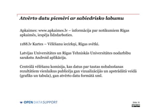 DATASUPPORTOPEN
Atvērto datu piemēri ar sabiedrisko labumu
Slide 16
Apkaimes: www.apkaimes.lv – informācija par notikumiem Rīgas
apkaimēs, iespēja līdzdarboties.
1188.lv Kartes – Vēlēšanu iecirkņi, Rīgas svētki.
Latvijas Universitātes un Rīgas Tehniskās Universitātes nodarbību
sarakstu Android aplikācija.
Centrālā vēlēšanu komisija, kas datus par tautas nobalsošanas
rezultātiem vienlaikus publicēja gan vizualizācijās un apstrādātā veidā
(grafiks un tabula), gan atvērto datu formātā xml.
 