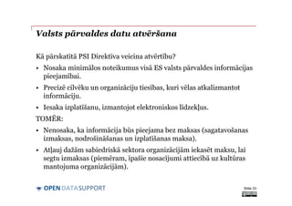 DATASUPPORTOPEN
Valsts pārvaldes datu atvēršana
Kā pārskatītā PSI Direktīva veicina atvērtību?
• Nosaka minimālos noteikumus visā ES valsts pārvaldes informācijas
pieejamībai.
• Precizē cilvēku un organizāciju tiesības, kuri vēlas atkalizmantot
informāciju.
• Iesaka izplatīšanu, izmantojot elektroniskos līdzekļus.
TOMĒR:
• Nenosaka, ka informācija būs pieejama bez maksas (sagatavošanas
izmaksas, nodrošināšanas un izplatīšanas maksa).
• Atļauj dažām sabiedriskā sektora organizācijām iekasēt maksu, lai
segtu izmaksas (piemēram, īpašie nosacījumi attiecībā uz kultūras
mantojuma organizācijām).
Slide 23
 