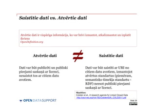 DATASUPPORTOPEN
Saistītie dati vs. Atvērtie dati
Atvērtie dati
Dati var būt publicēti un publiski
pieejami saskaņā ar licenci,
nesaistot tos ar citiem datu
avotiem.
Saistītie dati
Dati var būt saistīti ar URI no
citiem datu avotiem, izmantojot
atvērtus standartus (piemēram,
semantisko tīmekļa standartu -
RDF) neesot publiski pieejami
saskaņā ar licenci.
Slide 29
Atvērtie dati ir vispārīga informācija, ko var brīvi izmantot, atkalizmantot un izplatīt
ikviens
OpenDefinition.org
Skatīties:
Cobden et al., A research agenda for Linked Closed Data
http://ceur-ws.org/Vol-782/CobdenEtAl_COLD2011.pdf
 