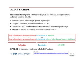 DATASUPPORTOPEN
RDF & SPARQL
Resource Description Framework (RDF ) ir sintakse, lai reprezentētu
datus un resursus tīmeklī.
Slide 32
RDF sadala katru informācijas gabalu trijās daļās:
• Subjekts – resurss, kuru var identificēt ar URI.
• Predikāts – URI identificētā atkārtoti izmantotā attiecību specifikācija.
• Objekts – resurss vai literālis ar kuru subjekts ir saistīts.
SPARQL ir standarta vaicājumu valoda RDF datiem.
http://dbpedia.org/resource/Brussels is the capital of “Belgium”.
vai
http://dbpedia.org/resource/Brussels is the capital of http://dbpedia.org/resource/Belgium.
Subjekts Predikāts Objekts
Skatīties:
http://www.slideshare.net/OpenDataSupport/introduction-to-rdf-sparql
 