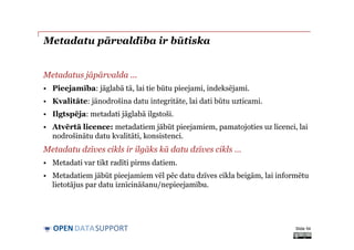 DATASUPPORTOPEN
Metadatu pārvaldība ir būtiska
Metadatus jāpārvalda ...
• Pieejamība: jāglabā tā, lai tie būtu pieejami, indeksējami.
• Kvalitāte: jānodrošina datu integritāte, lai dati būtu uzticami.
• Ilgtspēja: metadati jāglabā ilgstoši.
• Atvērtā licence: metadatiem jābūt pieejamiem, pamatojoties uz licenci, lai
nodrošinātu datu kvalitāti, konsistenci.
Metadatu dzīves cikls ir ilgāks kā datu dzīves cikls …
• Metadati var tikt radīti pirms datiem.
• Metadatiem jābūt pieejamiem vēl pēc datu dzīves cikla beigām, lai informētu
lietotājus par datu iznīcināšanu/nepieejamību.
Slide 54
 