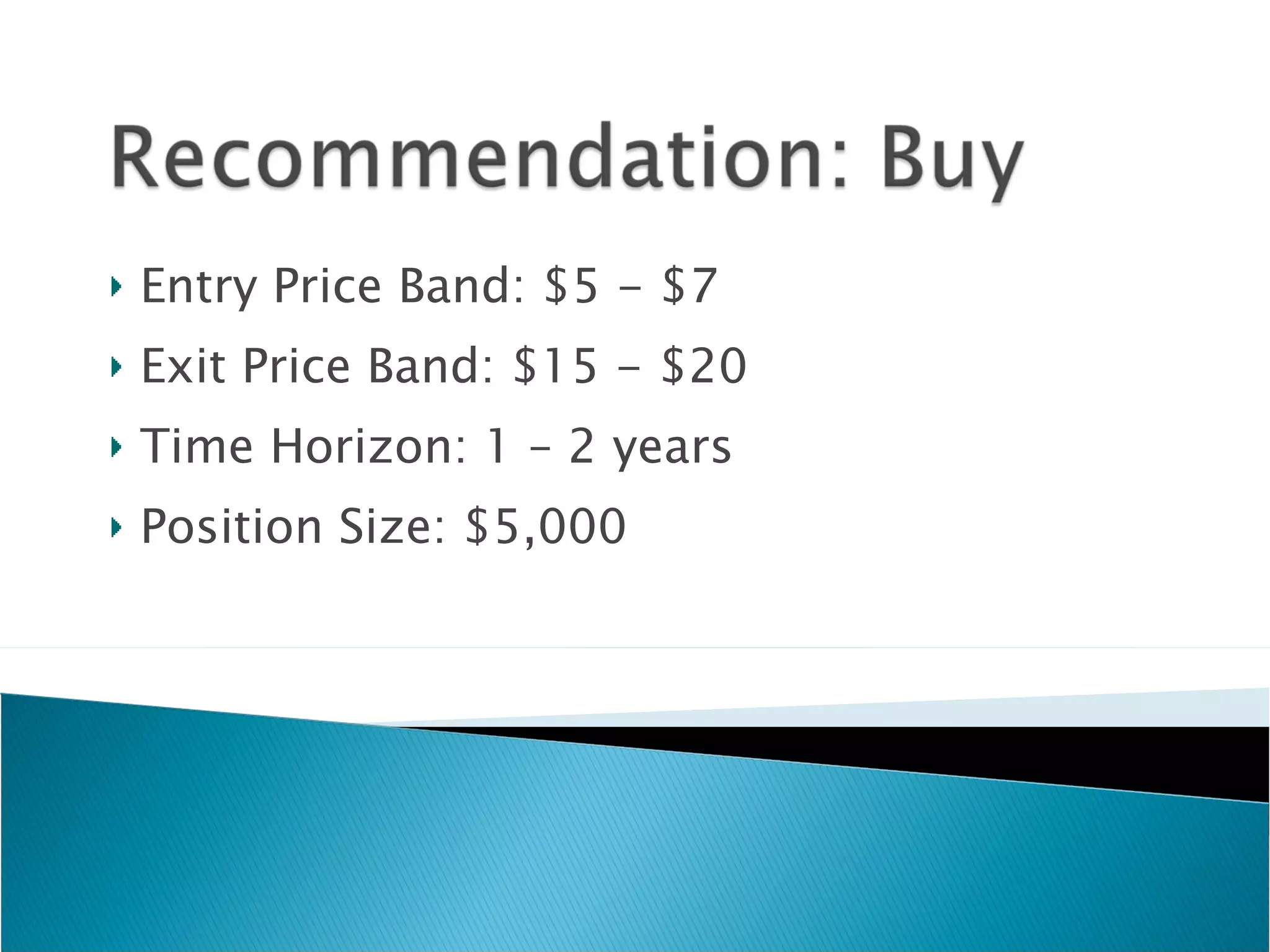 Entry Price Band: $5 - $7 Exit Price Band: $15 - $20 Time Horizon: 1 – 2 years Position Size: $5,000 