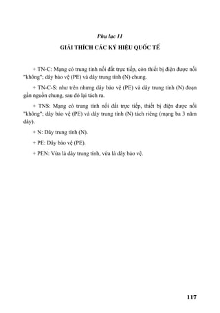 117
Phô lôc 11
Gi¶i thÝch c¸c ký hiÖu quèc tÕ
+ TN-C: Mạng có trung tính nối đất trực tiếp, còn thiết bị điện được nối
"không"; dây bảo vệ (PE) và dây trung tính (N) chung.
+ TN-C-S: như trên nhưng dây bảo vệ (PE) và dây trung tính (N) đoạn
gần nguồn chung, sau đó lại tách ra.
+ TNS: Mạng có trung tính nối đất trực tiếp, thiết bị điện được nối
"không"; dây bảo vệ (PE) và dây trung tính (N) tách riêng (mạng ba 3 năm
dây).
+ N: Dây trung tính (N).
+ PE: Dây bảo vệ (PE).
+ PEN: Vừa là dây trung tính, vừa là dây bảo vệ.
 