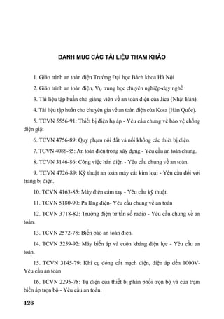 126
Danh môc c¸c tµi liÖu tham kh¶o
1. Giáo trình an toàn điện Trường Đại học Bách khoa Hà Nội
2. Giáo trình an toàn điện, Vụ trung học chuyên nghiệp-dạy nghề
3. Tài liệu tập huấn cho giảng viên về an toàn điện của Jica (Nhật Bản).
4. Tài liệu tập huấn cho chuyên gia về an toàn điện của Kosa (Hàn Quốc).
5. TCVN 5556-91: Thiết bị điện hạ áp - Yêu cầu chung về bảo vệ chống
điện giật
6. TCVN 4756-89: Quy phạm nối đất và nối không các thiết bị điện.
7. TCVN 4086-85: An toàn điện trong xây dựng - Yêu cầu an toàn chung.
8. TCVN 3146-86: Công việc hàn điện - Yêu cầu chung về an toàn.
9. TCVN 4726-89: Kỹ thuật an toàn máy cắt kim loại - Yêu cầu đối với
trang bị điện.
10. TCVN 4163-85: Máy điện cầm tay - Yêu cầu kỹ thuật.
11. TCVN 5180-90: Pa lăng điện- Yêu cầu chung về an toàn
12. TCVN 3718-82: Trường điện từ tấn số radio - Yêu cầu chung về an
toàn.
13. TCVN 2572-78: Biển báo an toàn điện.
14. TCVN 3259-92: Máy biến áp và cuộn kháng điện lực - Yêu cầu an
toàn.
15. TCVN 3145-79: Khí cụ đóng cắt mạch điện, điện áp đến 1000V-
Yêu cầu an toàn
16. TCVN 2295-78: Tủ điện của thiết bị phân phối trọn bộ và của trạm
biến áp trọn bộ - Yêu cầu an toàn.
 