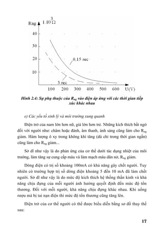 17
Hình 2.4: Sự phụ thuộc của Rng vào điện áp ứng với các thời gian tiếp
xúc khác nhau
e) Các yếu tố sinh lý và môi trường xung quanh
Điện trở của nam lớn hơn nữ, già lớn hơn trẻ. Những kích thích bất ngờ
đối với người như: châm hoặc đánh, âm thanh, ánh sáng cũng làm cho Rng
giảm. Hàm lượng ô xy trong không khí tăng (dù chỉ trong thời gian ngắn)
cũng làm cho Rng giảm...
Sở dĩ như vậy là do phản ứng của cơ thể dưới tác dụng nhiệt của môi
trường, làm tăng sự cung cấp máu và làm mạch máu dãn nở, Rng giảm.
Dòng điện có trị số khoảng 100mA có khả năng gây chết người. Tuy
nhiên có trường hợp trị số dòng điện khoảng 5 đến 10 mA đã làm chết
người. Sở dĩ như vậy là do mức độ kích thích hệ thống thần kinh và khả
năng chịu đựng của mỗi người ảnh hưởng quyết định đến mức độ tổn
thương. Đối với mỗi người, khả năng chịu đựng khác nhau. Khi uống
rượu mà bị tai nạn điện thì mức độ tổn thương cũng tăng lên.
Điện trở của cơ thể người có thể được biểu diễn bằng sơ đồ thay thế
sau:
 