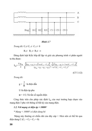 30
Hình 3.7
Trong đó: C1≠ C2 ≠ C3 ≠ 0
R1≠ R2 ≠ R3≠ ∞
Dùng định luật Kiếc hốp để lập và giải các phương trình vi phân người
ta thu được:
Ing=
2
g.U ng [ ] [ ]
2
321
22
321ng
2
3232
2
2323
)CCC()gggg(
)CC.(.3)gg(3)CC.(.3)gg(3
++ω++++
+ω+−+−ω++
(CT 3.12)
Trong đó:
g =
R
1
là điện dẫn
U là điện áp pha
ω = 1/f, f là tần số nguồn điện
Công thức trên cho phép xác định Ing của mọi trường hợp chạm vào
mạng điện 3 pha với thông số bất kỳ của mạng điện.
1.2. Với mạng có điện áp < 1000V
* Mạng < 1000V có điện dung bé
Mạng này thường có chiều dài của dây cáp < 1Km nên có thể bỏ qua
điện dung C (C1 = C2 = C3 = 0)
 