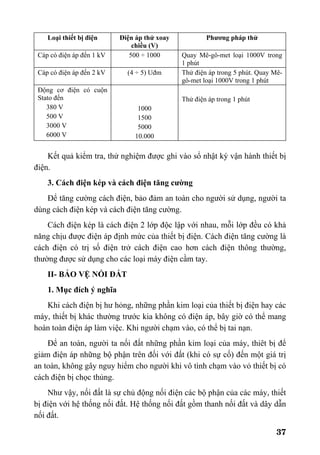 37
Loại thiết bị điện Điện áp thử xoay
chiều (V)
Phương pháp thử
Cáp có điện áp đến 1 kV 500 ÷ 1000 Quay Mê-gô-met loại 1000V trong
1 phút
Cáp có điện áp đến 2 kV (4 ÷ 5) Uđm Thử điện áp trong 5 phút. Quay Mê-
gô-met loại 1000V trong 1 phút
Động cơ điện có cuộn
Stato đến
380 V
500 V
3000 V
6000 V
1000
1500
5000
10.000
Thử điện áp trong 1 phút
Kết quả kiểm tra, thử nghiệm được ghi vào sổ nhật ký vận hành thiết bị
điện.
3. Cách điện kép và cách điện tăng cường
Để tăng cường cách điện, bảo đảm an toàn cho người sử dụng, người ta
dùng cách điện kép và cách điện tăng cường.
Cách điện kép là cách điện 2 lớp độc lập với nhau, mỗi lớp đều có khả
năng chịu được điện áp định mức của thiết bị điện. Cách điện tăng cường là
cách điện có trị số điện trở cách điện cao hơn cách điện thông thường,
thường được sử dụng cho các loại máy điện cầm tay.
II- BẢO VỆ NỐI ĐẤT
1. Mục đích ý nghĩa
Khi cách điện bị hư hỏng, những phần kim loại của thiết bị điện hay các
máy, thiết bị khác thường trước kia không có điện áp, bây giờ có thể mang
hoàn toàn điện áp làm việc. Khi người chạm vào, có thể bị tai nạn.
Để an toàn, người ta nối đất những phần kim loại của máy, thiêt bị để
giảm điện áp những bộ phận trên đối với đất (khi có sự cố) đến một giá trị
an toàn, không gây nguy hiểm cho người khi vô tình chạm vào vỏ thiết bị có
cách điện bị chọc thủng.
Như vậy, nối đất là sự chủ động nối điện các bộ phận của các máy, thiết
bị điện với hệ thống nối đất. Hệ thống nối đất gồm thanh nối đất và dây dẫn
nối đất.
 