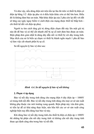 45
Và như vậy, nếu dòng điện nói trên tồn tại lâu thì trên vỏ thiết bị điện có
điện áp bằng 1/2 điện áp pha và ở điều kiện khác còn có thể lớn hơn. Điều
đó là không đảm bảo an toàn. Mặt khác điện áp của 2 pha còn lại đối với đất
sẽ tăng cao (gây nguy hiểm vì cách điện của mạng được thiết kế thấp hơn -
chỉ thiết kế đối với điện áp pha).
Người ta tìm cách tăng giá trị dòng điện chạm đất này lên một giá trị
nào đó để bảo vệ có thể cắt nhanh chỗ bị sự cố mới đảm bảo được an toàn.
Biện pháp đơn giản nhất là dùng dây dẫn nối vỏ thiết bị với dây trung tính.
Mục đích của nó là biến sự chạm vỏ thiết bị thành ngắn mạch 1 pha để bảo
vệ làm việc cắt nhanh phần bị sự cố.
Sơ đồ nguyên lý bảo vệ như sau:
Hình 4.4. Sơ đồ nguyên lý bảo vệ nối không
2. Phạm vi áp dụng
Bảo vệ nối dây trung tính dùng cho mạng điện 4 dây điện áp < 1000V
có trung tính nối đất. Bảo vệ nối dây trung tính dùng cho mọi cơ sở sản xuất
không phụ thuộc vào môi trường xung quanh. Biện pháp này vừa đơn giản,
rẻ tiền lại dễ có khả năng thực hiện, nên hầu hết các cơ sở sản xuất công
nghiệp hiện nay đều dùng loại bảo vệ này.
Khi dùng bảo vệ nối dây trung tính cho thiết bị điện có điện áp < 1000V
thì những bộ phận cần nối dây trung tính và không cần nối dây trung tính
được qui định cũng như trong bảo vệ nối đất.
 