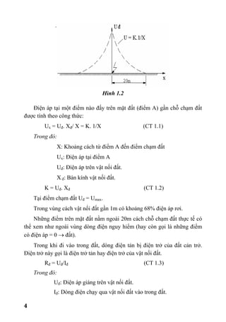 4
Hình 1.2
Điện áp tại một điểm nào đấy trên mặt đất (điểm A) gần chỗ chạm đất
được tính theo công thức:
Ux = Uđ. Xđ/ X = K. 1/X (CT 1.1)
Trong đó:
X: Khoảng cách từ điểm A đến điểm chạm đất
Ux: Điện áp tại điểm A
Uđ: Điện áp trên vật nối đất.
X đ: Bán kính vật nối đất.
K = Uđ. Xđ (CT 1.2)
Tại điểm chạm đất Uđ = Umax.
Trong vùng cách vật nối đất gần 1m có khoảng 68% điện áp rơi.
Những điểm trên mặt đất nằm ngoài 20m cách chỗ chạm đất thực tế có
thể xem như ngoài vùng dòng điện nguy hiểm (hay còn gọi là những điểm
có điện áp = 0 → đất).
Trong khi đi vào trong đất, dòng điện tản bị điện trở của đất cản trở.
Điện trở này gọi là điện trở tản hay điện trở của vật nối đất.
Rđ = Uđ/Iđ (CT 1.3)
Trong đó:
Uđ: Điện áp giáng trên vật nối đất.
Iđ: Dòng điện chạy qua vật nối đất vào trong đất.
 