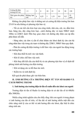 69
Cường độ điện
trường (kV/m)
< 5 5 8 10 15 18 20 >20
Thời gian cho phép
(h)
Không hạn
chế
8 4,25 3 1,33 0,8 0,5
10
phút
Không cho phép làm việc ở những nơi có cường độ điện trường lớn hơn
25 kV/m nếu không có phương tiện bảo vệ.
- Tất cả các kết cấu kim loại của công trình, nhà cửa, cột, xà, dầm kim
loại, hàng rào, dây căng kim loại…cách đường dây và trạm 500kV dưới
100m và 220kV dưới 50m hay giao chéo với đường dây điện cao áp đều
phải được nối đất.
- Hàng năm, các đơn vị cần tổ chức khám sức khoẻ định kỳ cho cán bộ
công nhân làm việc trong các trạm và đường dây 220kV, 500kV theo quy định.
- Phải đo cường độ điện trường ở chỗ làm việc của người lao động trong
các trường hợp:
+ Khi đưa thiết bị mới vào vận hành.
+ Khi tổ chức chỗ làm việc mới.
+ Khi thay đổi kết cấu của thiết bị và các phương tiện bảo vệ cố định để
phòng tránh ảnh hưởng của điện trường.
+ Khi sử dụng các sơ đồ thao tác mới.
+ Kiểm tra vệ sinh định kỳ.
Kết quả đo phải được ghi vào biên bản.
II. ẢNH HƯỞNG CỦA TRƯỜNG ĐIỆN TỪ TẦN SỐ RADIO VÀ
CÁCH PHÒNG TRÁNH
1. Ảnh hưởng của trường điện từ tần số radio đến sức khoẻ con người
Trường điện từ tần số Radio là trường điện từ có dải tần số từ 60kHz
đến 300GHz.
Nhiều công trình nghiên cứu cho thấy rằng: khi con người ở trong phạm
vi ảnh hưởng của tần số trên, về lâu dài sẽ ảnh hưởng nhiều mặt đến các
chức năng sinh lý của cơ thể và ảnh hưởng đến sức khoẻ, đặc biệt là chức
năng sinh sản.
 