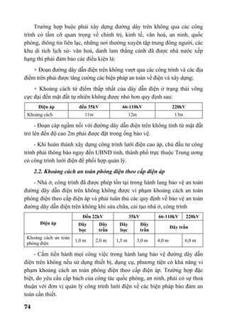 74
Trường hợp buộc phải xây dựng đường dây trên không qua các công
trình có tầm cỡ quan trọng về chính trị, kinh tế, văn hoá, an ninh, quốc
phòng, thông tin liên lạc, những nơi thường xuyên tập trung đông người, các
khu di tích lịch sử- văn hoá, danh lam thắng cảnh đã được nhà nước xếp
hạng thì phải đảm bảo các điều kiện là:
+ Đoạn đường dây dẫn điện trên không vượt qua các công trình và các địa
điểm trên phải được tăng cường các biện pháp an toàn về điện và xây dựng;
+ Khoảng cách từ điểm thấp nhất của dây dẫn điện ở trạng thái võng
cực đại đến mặt đất tự nhiên không được nhỏ hơn quy định sau:
Điện áp đến 35kV 66-110kV 220kV
Khoảng cách 11m 12m 13m
- Đoạn cáp ngầm nối với đường dây dẫn điện trên không tính từ mặt đất
trở lên đến độ cao 2m phải được đặt trong ống bảo vệ.
- Khi hoàn thành xây dựng công trình lưới điện cao áp, chủ đầu tư công
trình phải thông báo ngay đến UBND tỉnh, thành phố trực thuộc Trung ương
có công trình lưới điện để phối hợp quản lý.
2.2. Khoảng cách an toàn phóng điện theo cấp điện áp
- Nhà ở, công trình đã được phép tồn tại trong hành lang bảo vệ an toàn
đường dây dẫn điện trên không không được vi phạm khoảng cách an toàn
phóng điện theo cấp điện áp và phải tuân thủ các quy định về bảo vệ an toàn
đường dây dẫn điện trên không khi sửa chữa, cải tạo nhà ở, công trình
Đến 22kV 35kV 66-110kV 220kV
Điện áp Dây
bọc
Dây
trần
Dây
bọc
Dây
trần
Dây trần
Khoảng cách an toàn
phóng điện
1,0 m 2,0 m 1,5 m 3,0 m 4,0 m 6,0 m
- Cấm tiến hành mọi công việc trong hành lang bảo vệ đường dây dẫn
điện trên không nếu sử dụng thiết bị, dụng cụ, phương tiện có khả năng vi
phạm khoảng cách an toàn phóng điện theo cấp điện áp. Trường hợp đặc
biệt, do yêu cầu cấp bách của công tác quốc phòng, an ninh, phải có sự thoả
thuận với đơn vị quản lý công trình lưới điện về các biện pháp bảo đảm an
toàn cần thiết.
 