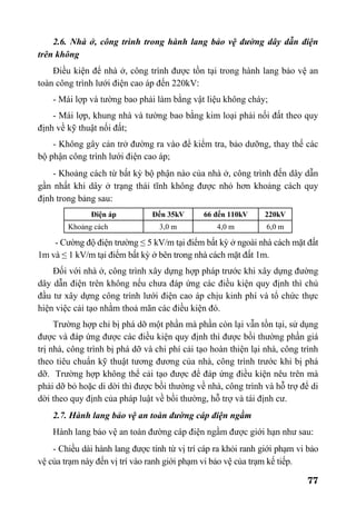 77
2.6. Nhà ở, công trình trong hành lang bảo vệ đường dây dẫn điện
trên không
Điều kiện để nhà ở, công trình được tồn tại trong hành lang bảo vệ an
toàn công trình lưới điện cao áp đến 220kV:
- Mái lợp và tường bao phải làm bằng vật liệu không cháy;
- Mái lợp, khung nhà và tường bao bằng kim loại phải nối đất theo quy
định về kỹ thuật nối đất;
- Không gây cản trở đường ra vào để kiểm tra, bảo dưỡng, thay thế các
bộ phận công trình lưới điện cao áp;
- Khoảng cách từ bất kỳ bộ phận nào của nhà ở, công trình đến dây dẫn
gần nhất khi dây ở trạng thái tĩnh không được nhỏ hơn khoảng cách quy
định trong bảng sau:
Điện áp Đến 35kV 66 đến 110kV 220kV
Khoảng cách 3,0 m 4,0 m 6,0 m
- Cường độ điện trường ≤ 5 kV/m tại điểm bất kỳ ở ngoài nhà cách mặt đất
1m và ≤ 1 kV/m tại điểm bất kỳ ở bên trong nhà cách mặt đất 1m.
Đối với nhà ở, công trình xây dựng hợp pháp trước khi xây dựng đường
dây dẫn điện trên không nếu chưa đáp ứng các điều kiện quy định thì chủ
đầu tư xây dựng công trình lưới điện cao áp chịu kinh phí và tổ chức thực
hiện việc cải tạo nhằm thoả mãn các điều kiện đó.
Trường hợp chỉ bị phá dỡ một phần mà phần còn lại vẫn tồn tại, sử dụng
được và đáp ứng được các điều kiện quy định thì được bồi thường phần giá
trị nhà, công trình bị phá dỡ và chi phí cải tạo hoàn thiện lại nhà, công trình
theo tiêu chuẩn kỹ thuật tương đương của nhà, công trình trước khi bị phá
dỡ. Trường hợp không thể cải tạo được để đáp ứng điều kiện nêu trên mà
phải dỡ bỏ hoặc di dời thì được bồi thường về nhà, công trình và hỗ trợ để di
dời theo quy định của pháp luật về bồi thường, hỗ trợ và tái định cư.
2.7. Hành lang bảo vệ an toàn đường cáp điện ngầm
Hành lang bảo vệ an toàn đường cáp điện ngầm được giới hạn như sau:
- Chiều dài hành lang được tính từ vị trí cáp ra khỏi ranh giới phạm vi bảo
vệ của trạm này đến vị trí vào ranh giới phạm vi bảo vệ của trạm kế tiếp.
 