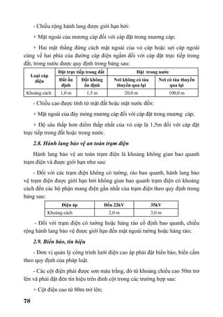 78
- Chiều rộng hành lang được giới hạn bởi:
+ Mặt ngoài của mương cáp đối với cáp đặt trong mương cáp;
+ Hai mặt thẳng đứng cách mặt ngoài của vỏ cáp hoặc sợi cáp ngoài
cùng về hai phía của đường cáp điện ngầm đối với cáp đặt trực tiếp trong
đất, trong nước được quy định trong bảng sau:
Đặt trực tiếp trong đất Đặt trong nước
Loại cáp
điện Đất ổn
định
Đất không
ổn định
Nơi không có tàu
thuyền qua lại
Nơi có tàu thuyền
qua lại
Khoảng cách 1,0 m 1,5 m 20,0 m 100,0 m
- Chiều cao được tính từ mặt đất hoặc mặt nước đến:
+ Mặt ngoài của đáy móng mương cáp đối với cáp đặt trong mương cáp;
+ Độ sâu thấp hơn điểm thấp nhất của vỏ cáp là 1,5m đối với cáp đặt
trực tiếp trong đất hoặc trong nước.
2.8. Hành lang bảo vệ an toàn trạm điện
Hành lang bảo vệ an toàn trạm điện là khoảng không gian bao quanh
trạm điện và được giới hạn như sau:
- Đối với các trạm điện không có tường, rào bao quanh, hành lang bảo
vệ trạm điện được giới hạn bởi không gian bao quanh trạm điện có khoảng
cách đến các bộ phận mang điện gần nhất của trạm điện theo quy định trong
bảng sau:
Điện áp Đến 22kV 35kV
Khoảng cách 2,0 m 3,0 m
- Đối với trạm điện có tường hoặc hàng rào cố định bao quanh, chiều
rộng hành lang bảo vệ được giới hạn đến mặt ngoài tường hoặc hàng rào;
2.9. Biển báo, tín hiệu
- Đơn vị quản lý công trình lưới điện cao áp phải đặt biển báo, biển cấm
theo quy định của pháp luật.
- Các cột điện phải được sơn màu trắng, đỏ từ khoảng chiều cao 50m trở
lên và phải đặt đèn tín hiệu trên đỉnh cột trong các trường hợp sau:
+ Cột điện cao từ 80m trở lên;
 