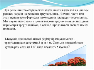 При решении геометрических задач, почти в каждой из них мы решаем задачи на решение треугольника. И очень часто при этом используем формулы нахождения площади треугольника. Мы научились с вами строить высоты треугольников, находить периметры треугольников, а сейчас  продолжаем вычислять их площади.  1 . Клумба для цветов имеет форму прямоугольного треугольника с катетами 3 м  и 4 м. Сколько понадобиться кустов роз, если на 1 м 2  надо посадить 5 кустов ?  